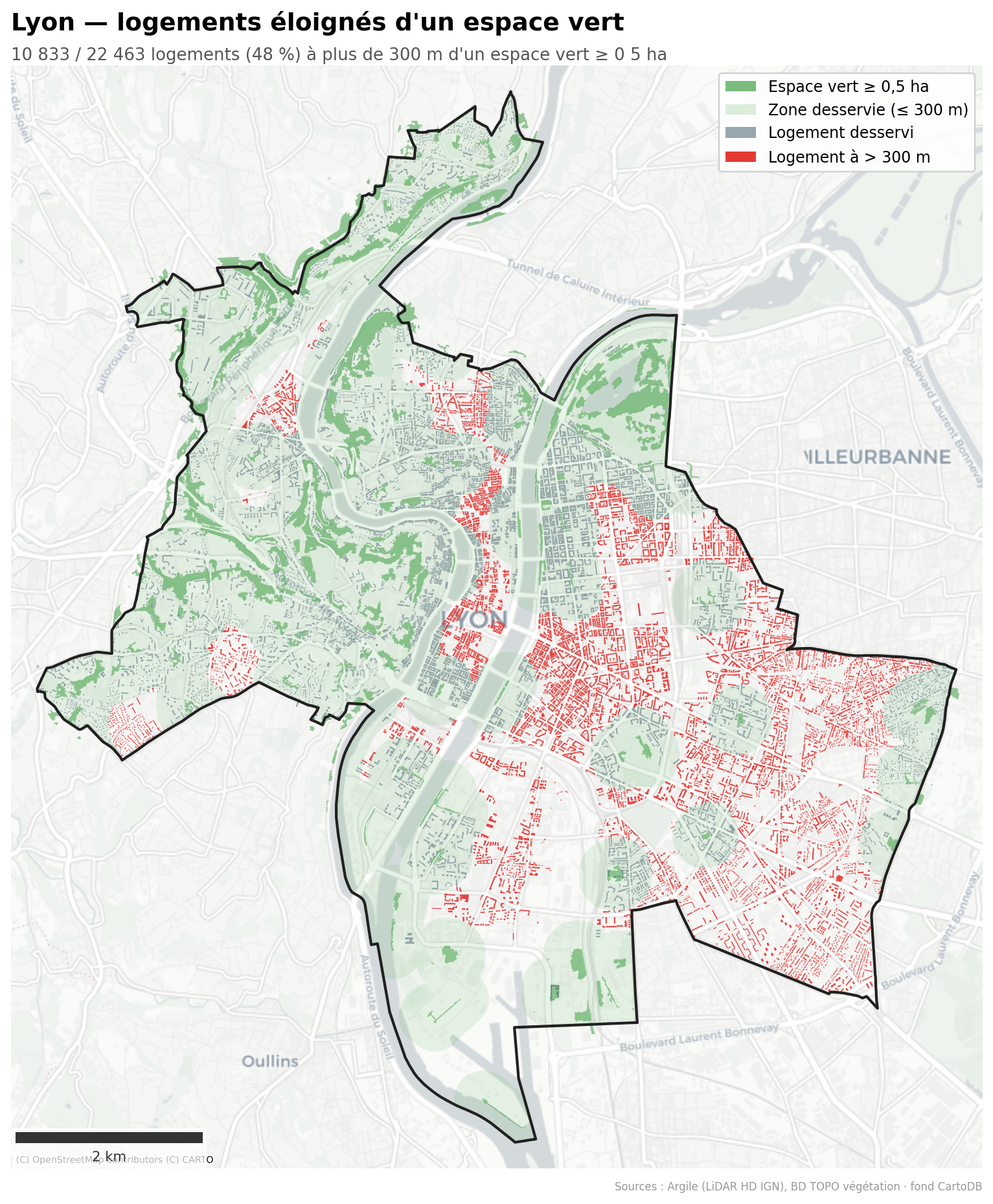 Lyon, logements à plus de 300 m d'un espace vert