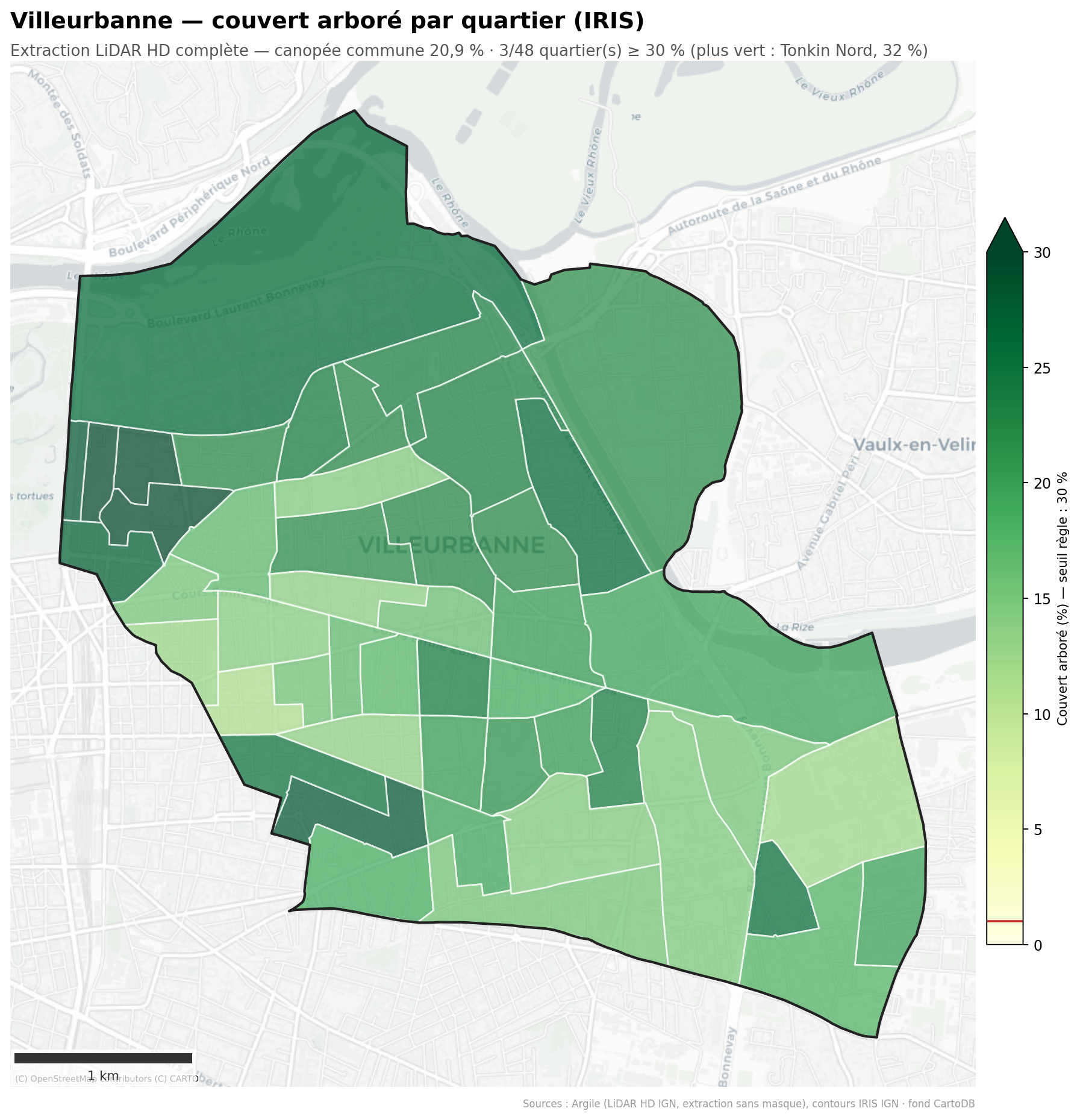 Villeurbanne, canopée par quartier (IRIS)