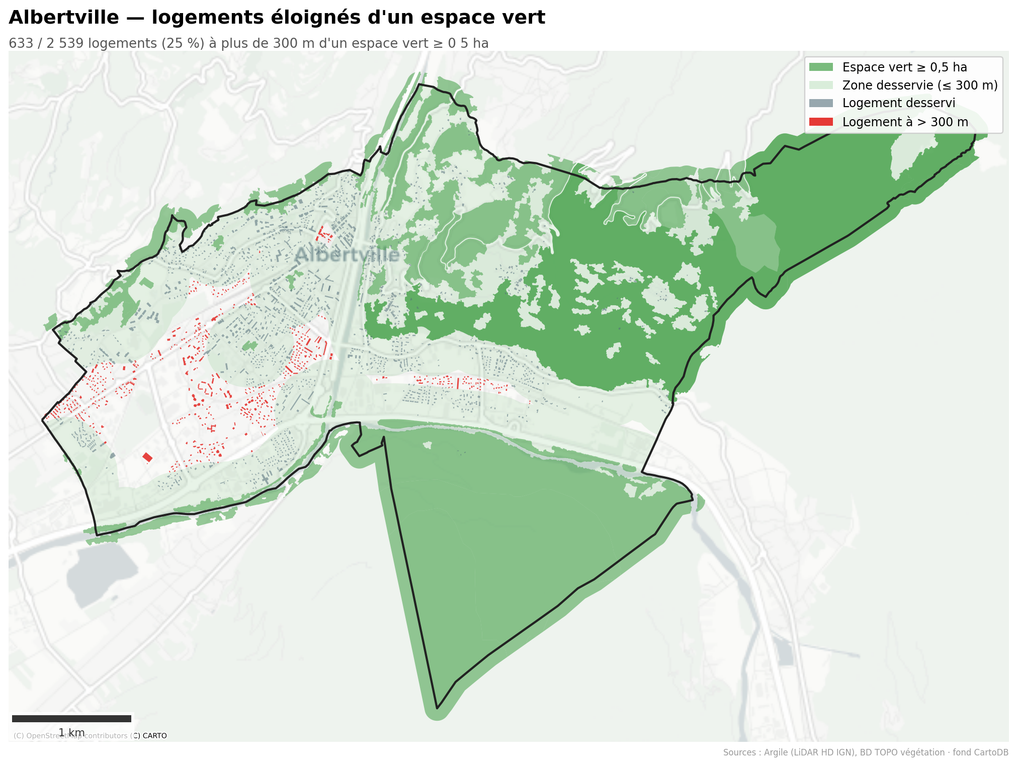 Villeurbanne, logements à plus de 300 m d'un espace vert