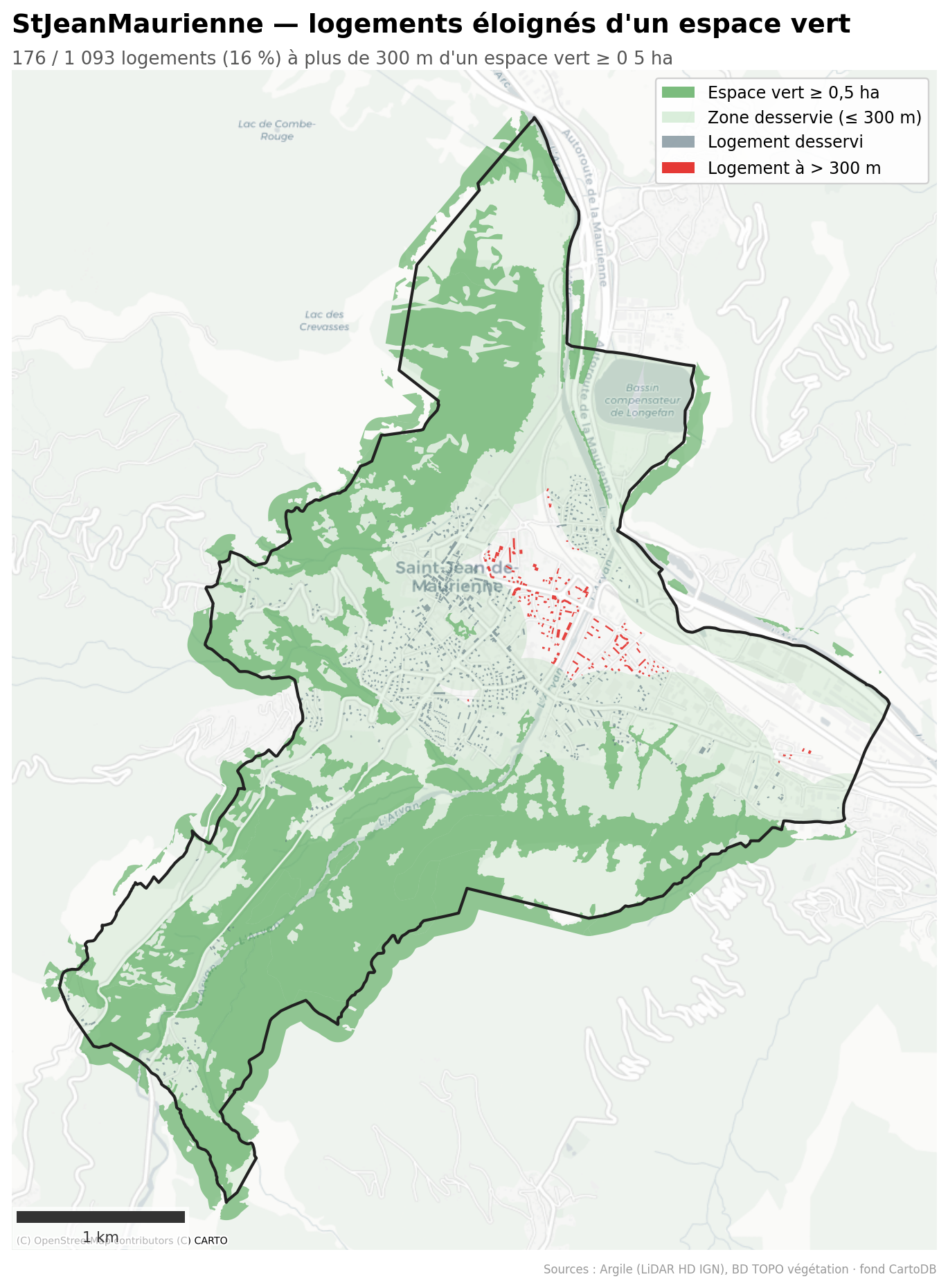 Villeurbanne, logements à plus de 300 m d'un espace vert
