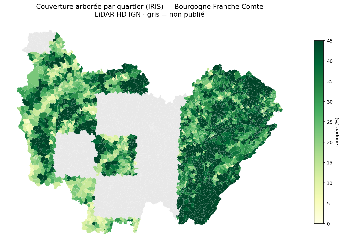 La canopée par quartier (IRIS), Bourgogne-Franche-Comté