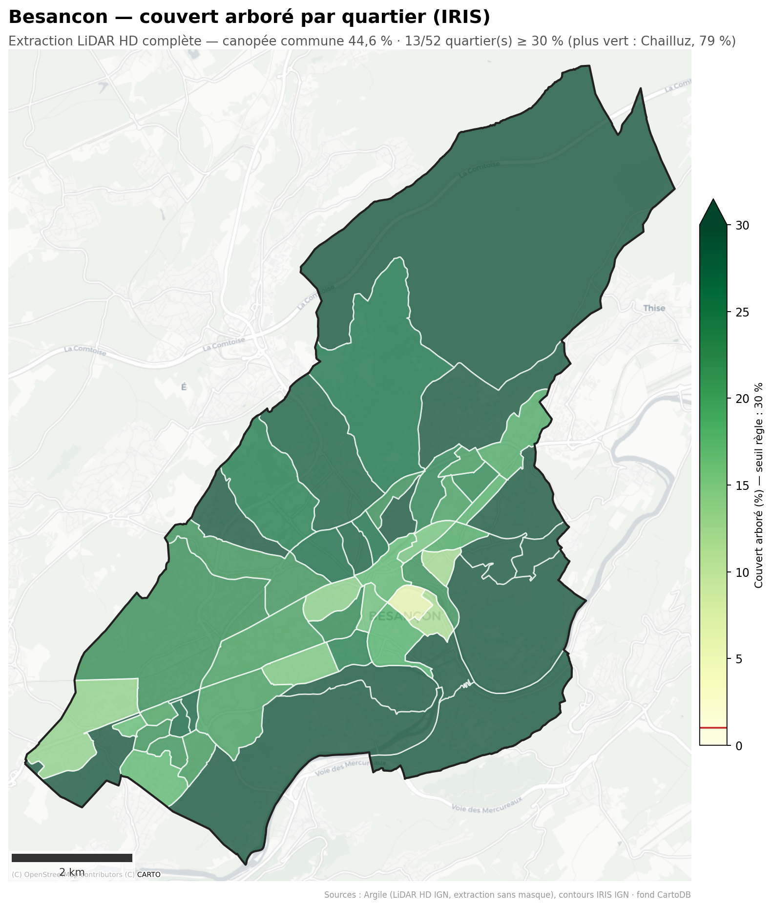 La canopée par quartier (IRIS), Bourgogne-Franche-Comté
