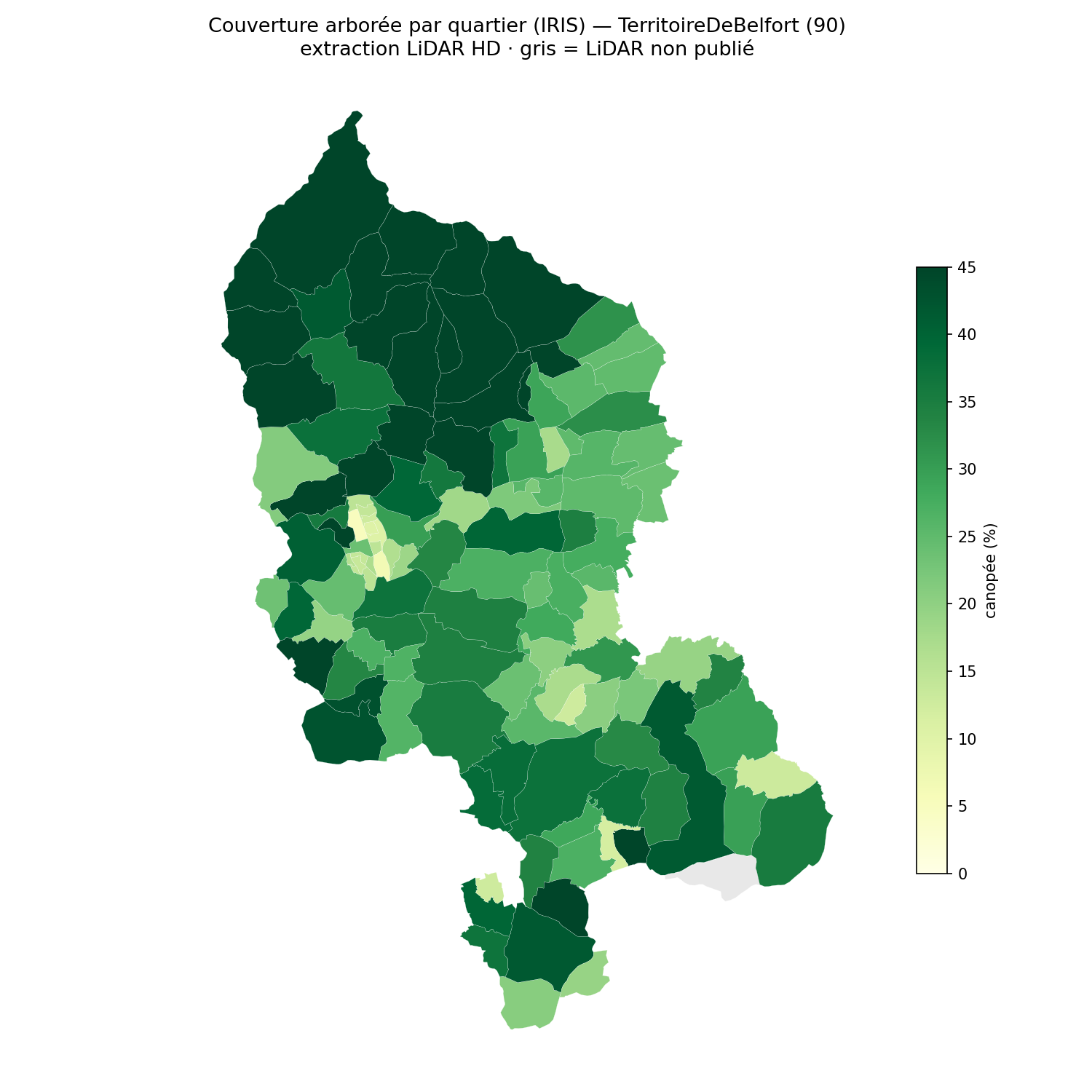 La canopée par quartier (IRIS), Bourgogne-Franche-Comté
