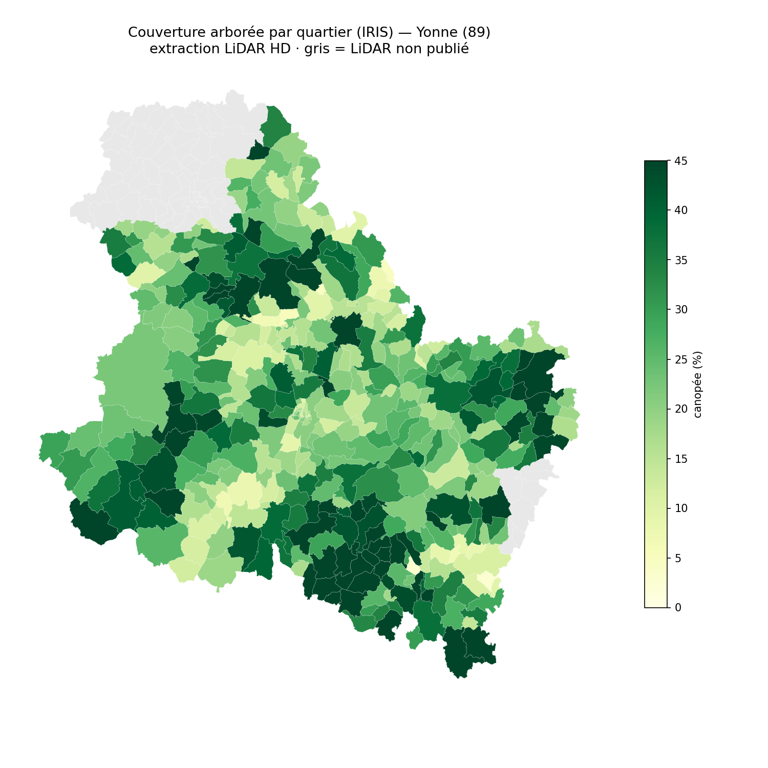 La canopée par quartier (IRIS), Bourgogne-Franche-Comté