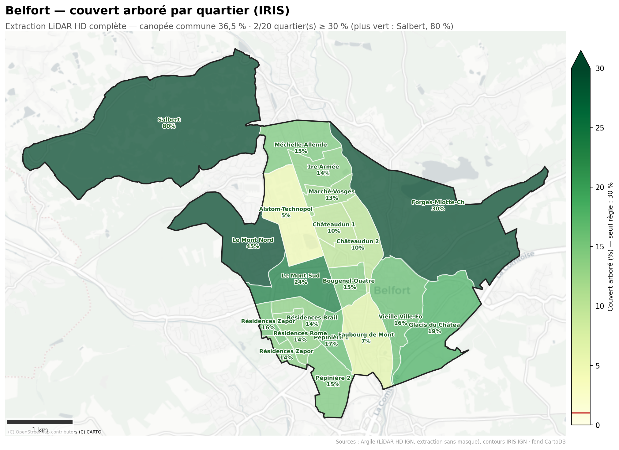 La canopée par quartier (IRIS), Bourgogne-Franche-Comté