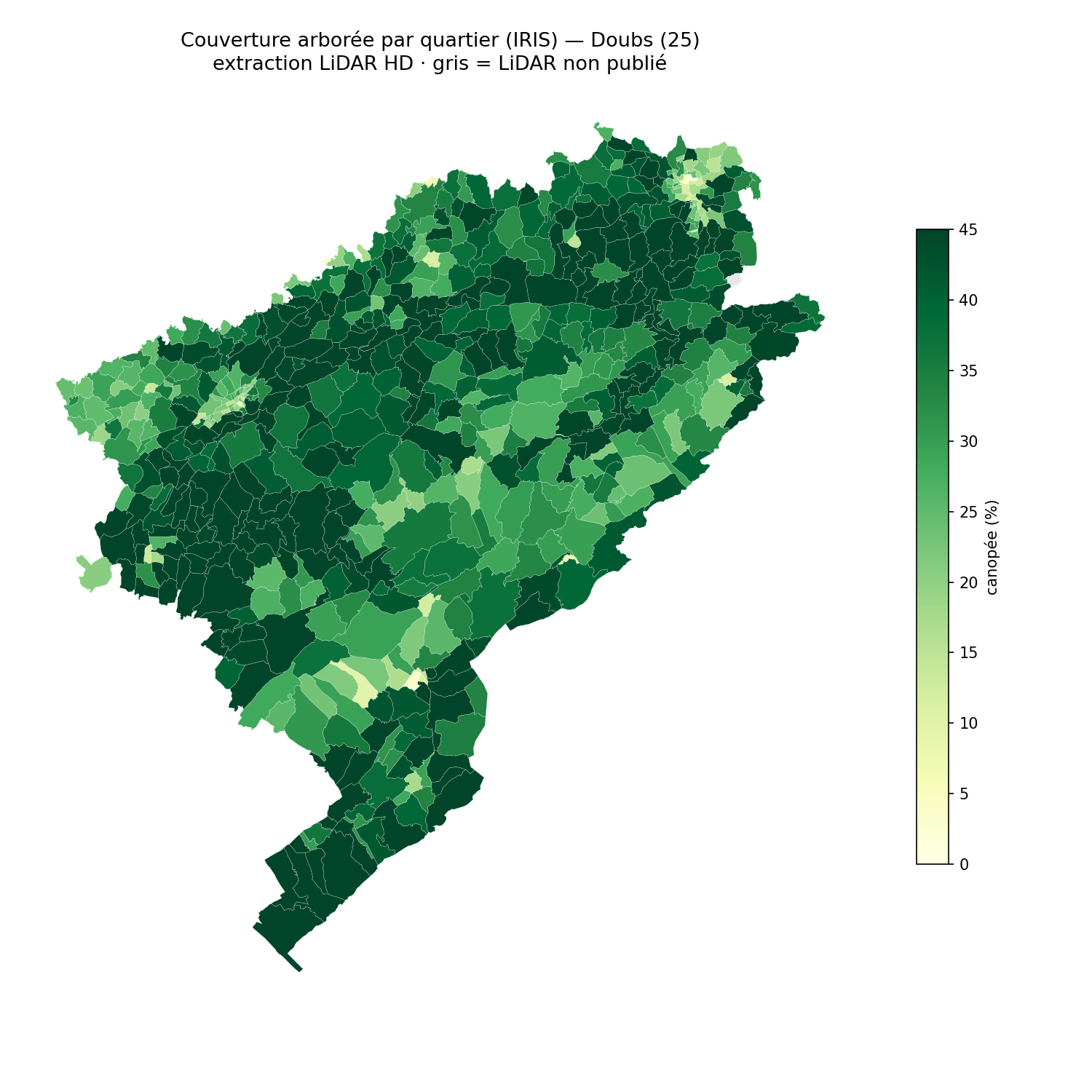 La canopée par quartier (IRIS), Bourgogne-Franche-Comté