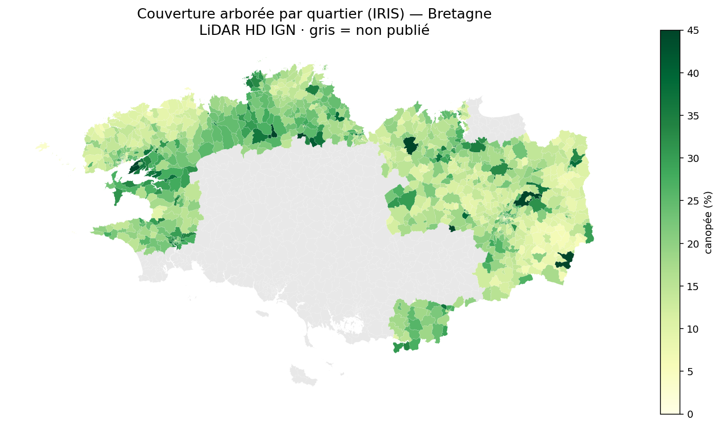 La canopée par quartier (IRIS), Bretagne