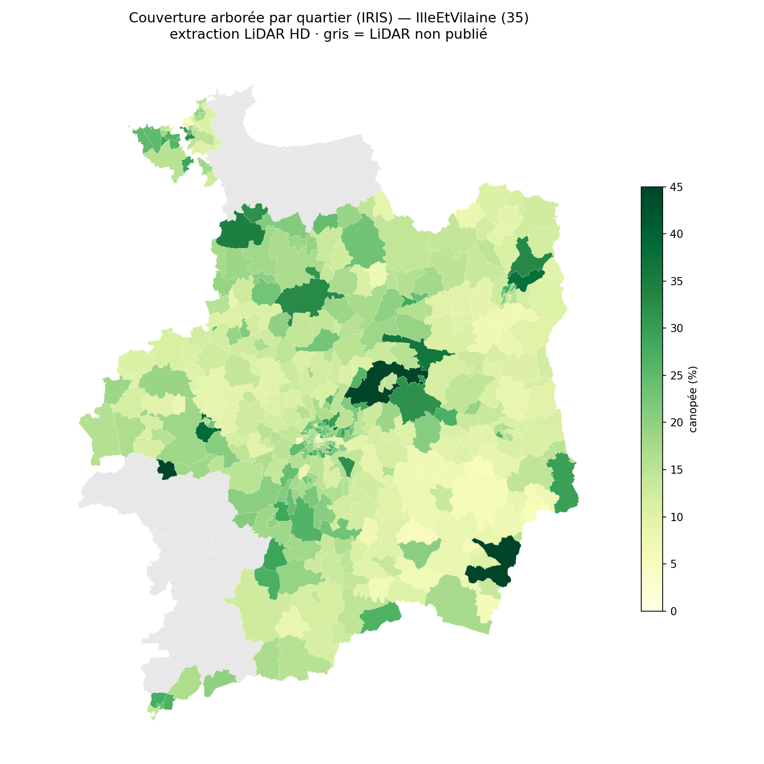 La canopée par quartier (IRIS), Bretagne