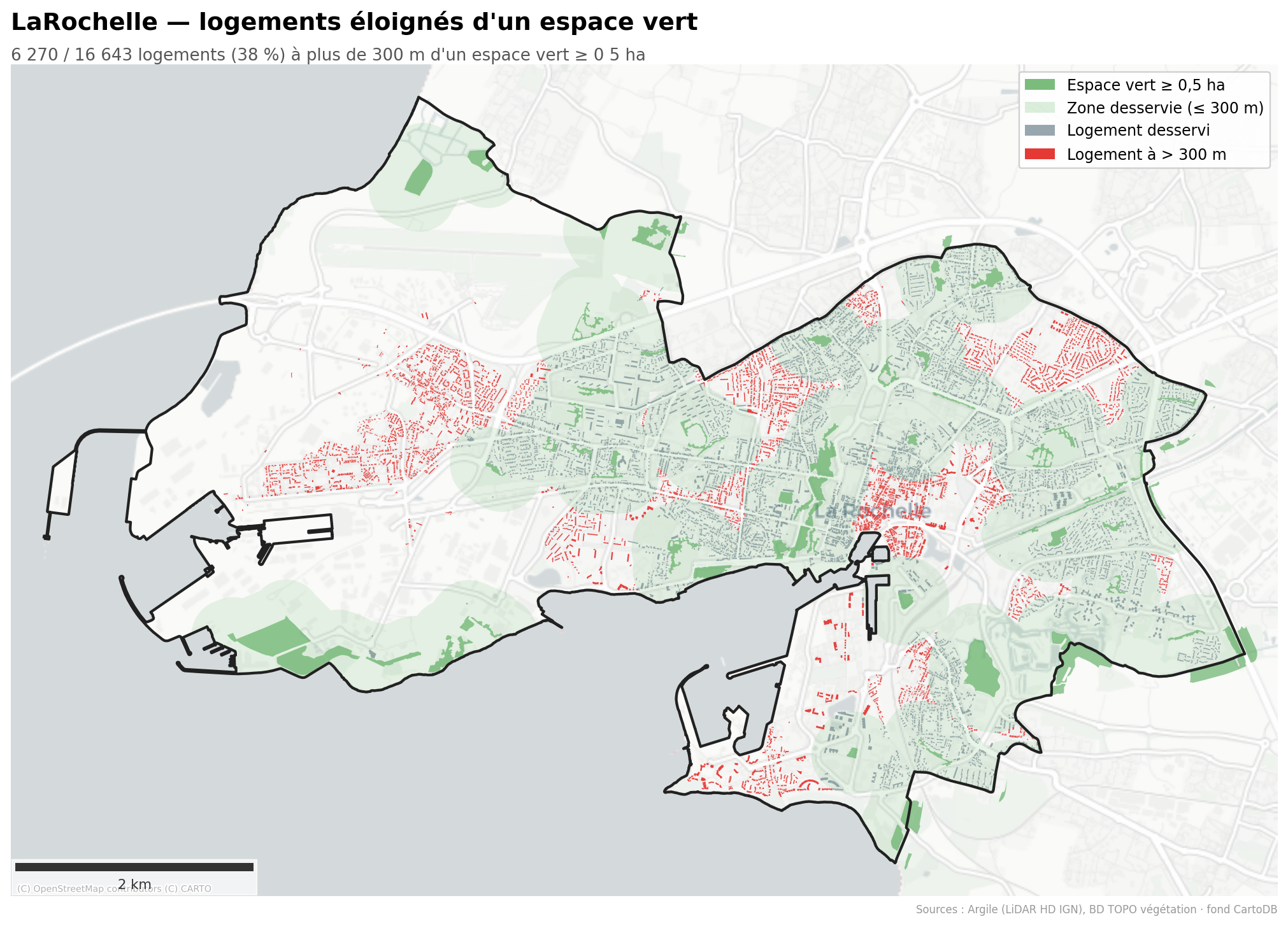 La Rochelle, logements à plus de 300 m d'un espace vert