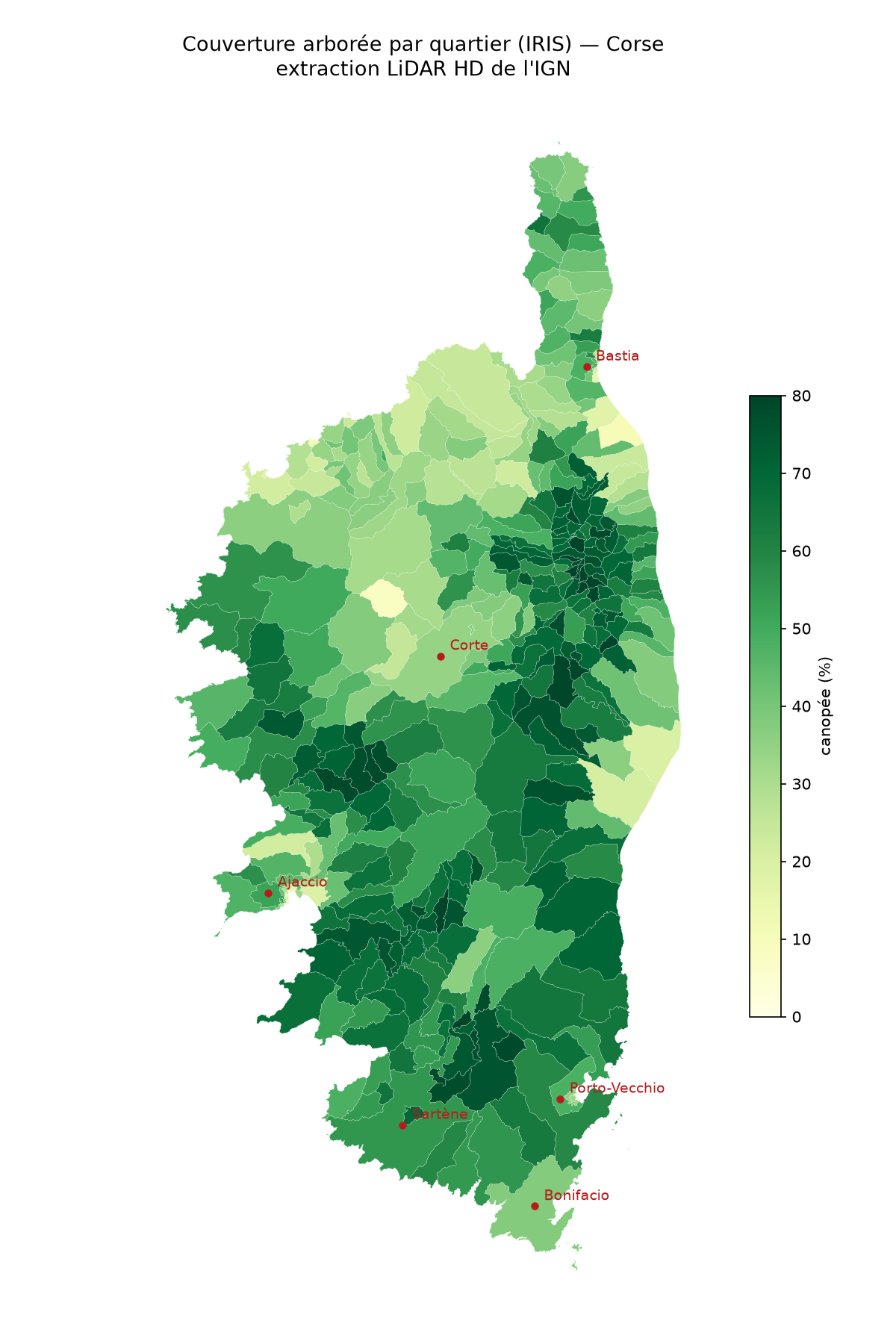La Corse, canopée par quartier (IRIS)