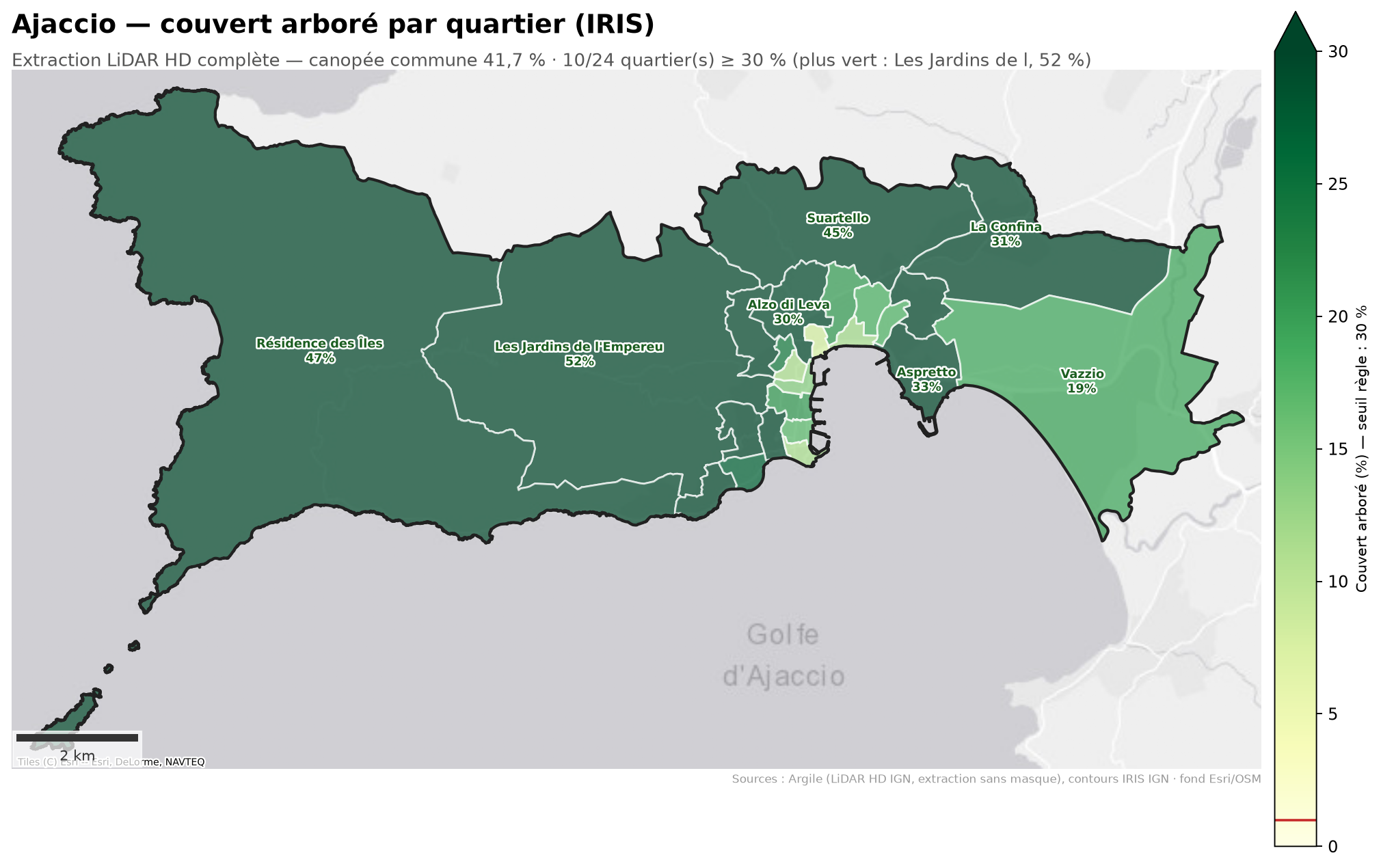 Ajaccio, canopée par quartier (IRIS)