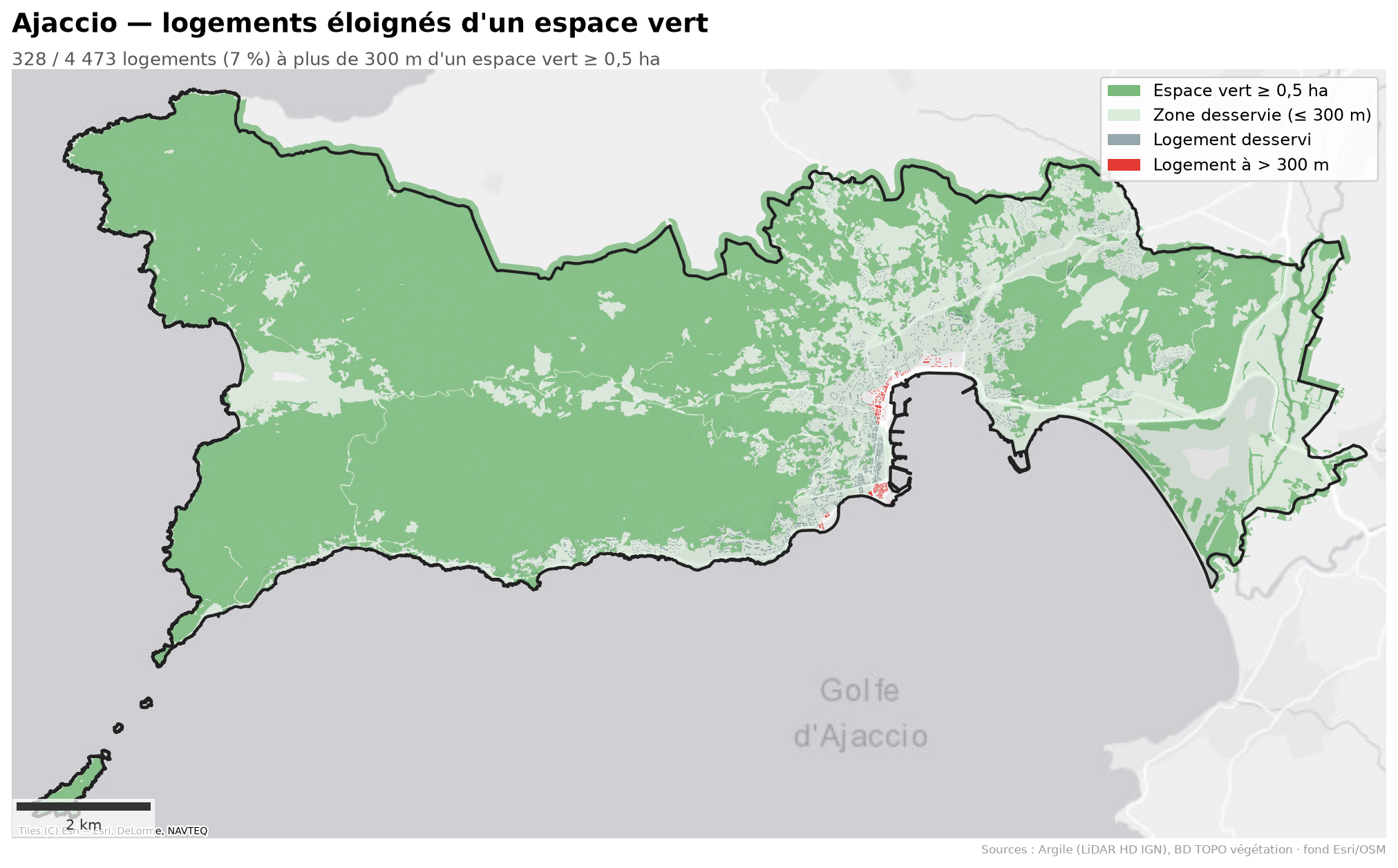 Ajaccio, logements à plus de 300 m d'un espace vert