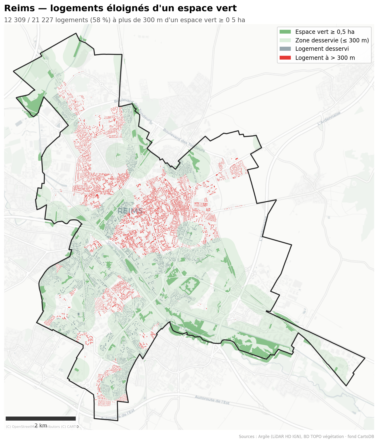 Reims, logements à plus de 300 m d'un espace vert