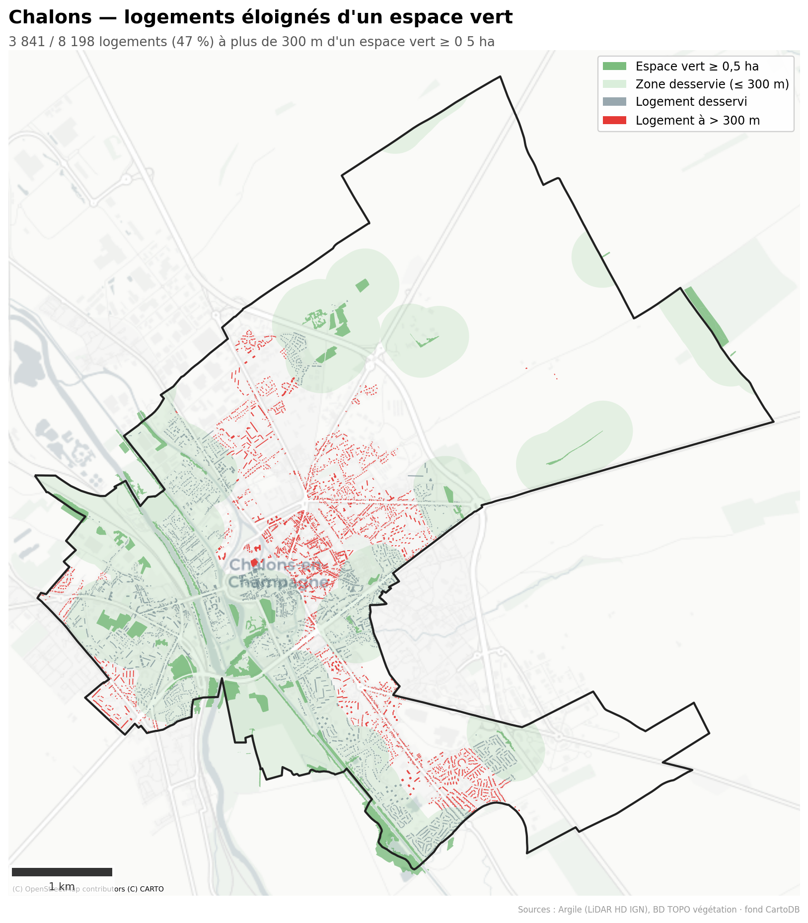 Châlons-en-Champagne, logements à plus de 300 m d'un espace vert