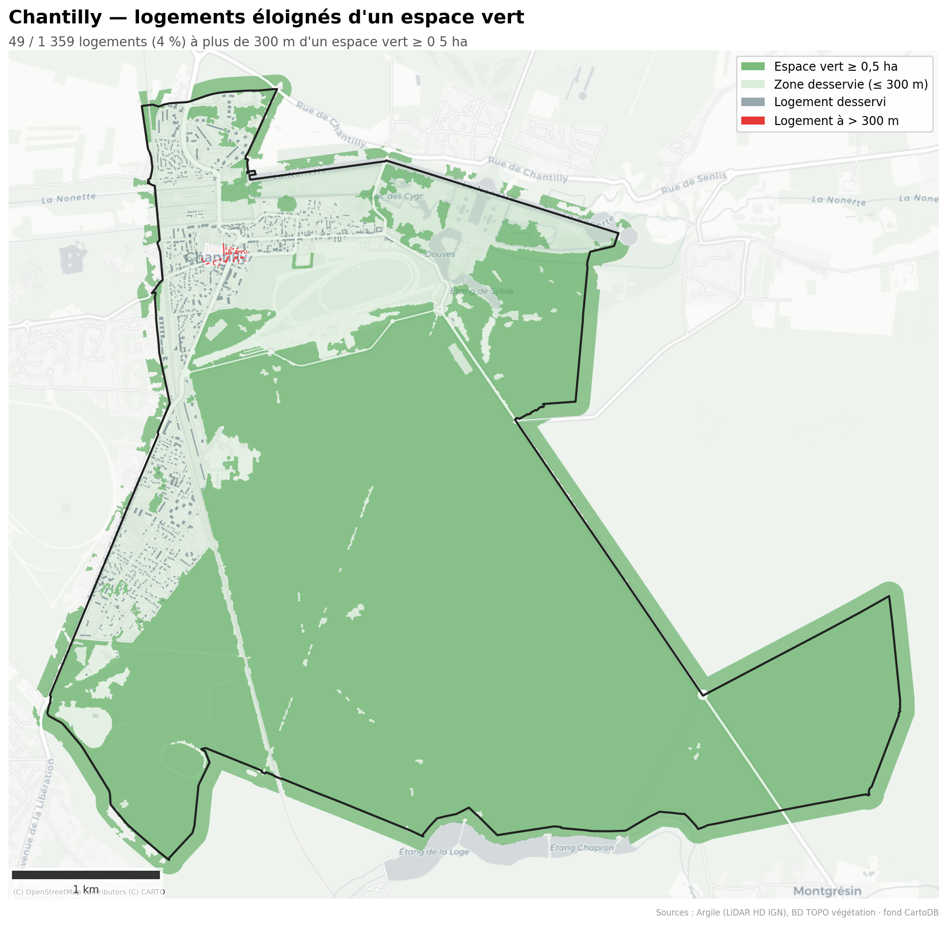 Chantilly, logements à plus de 300 m d'un espace vert