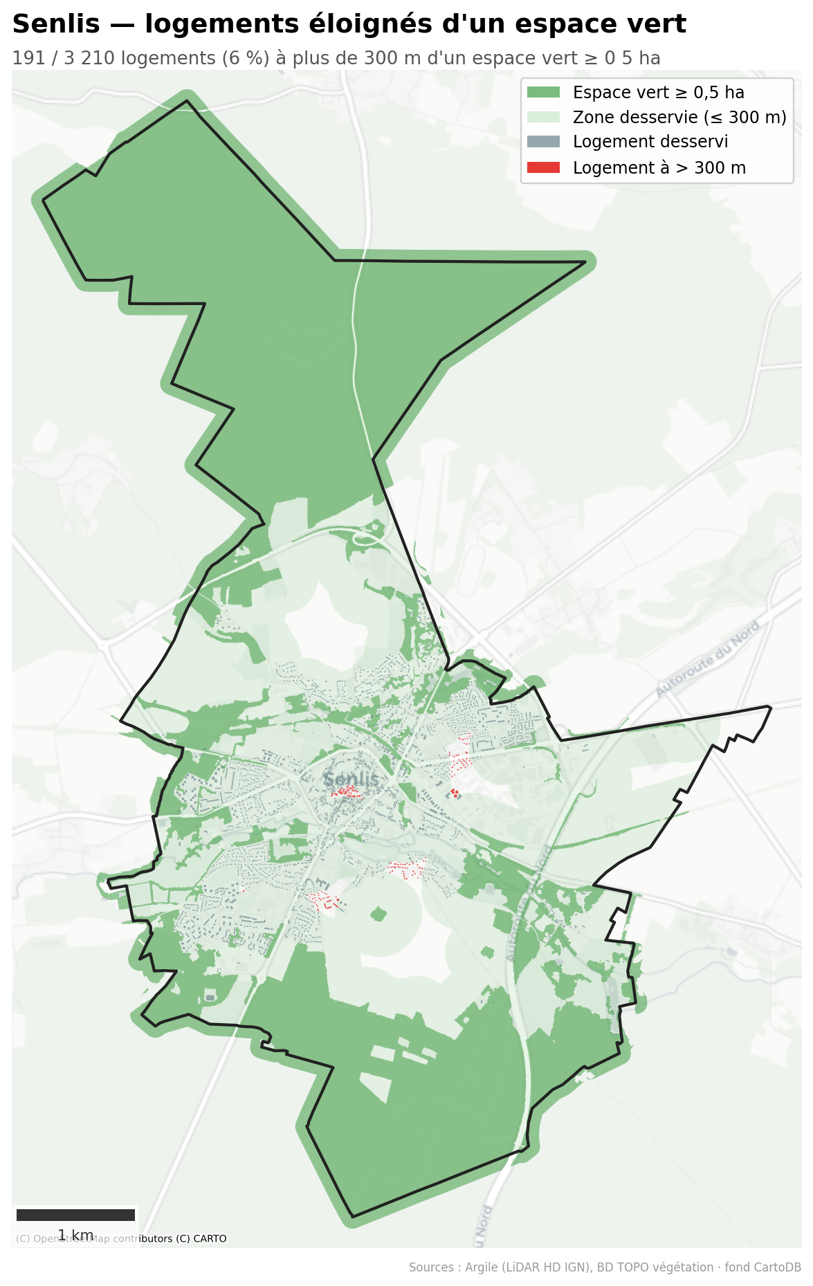 Senlis, logements à plus de 300 m d'un espace vert