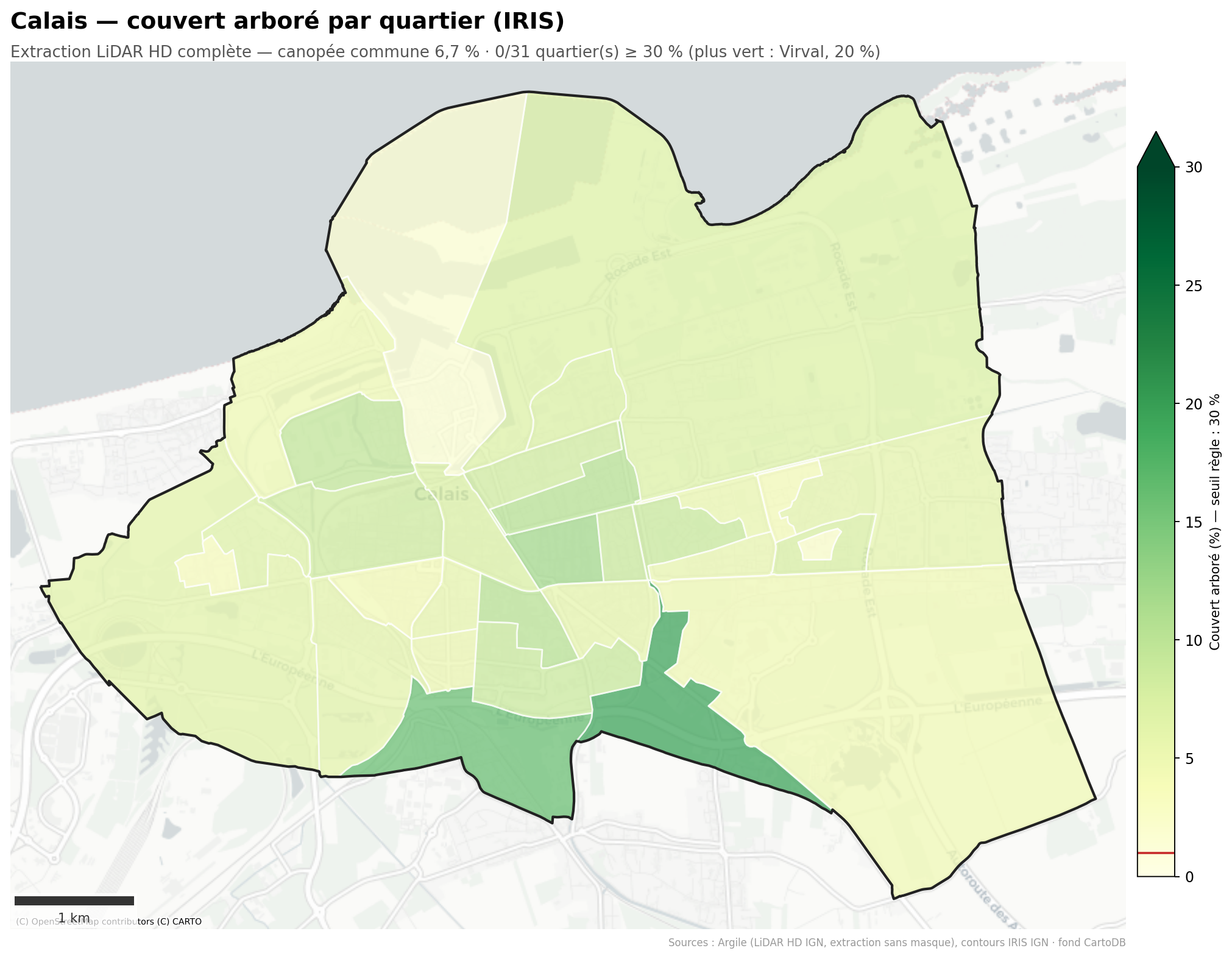 Calais, canopée par quartier (IRIS)