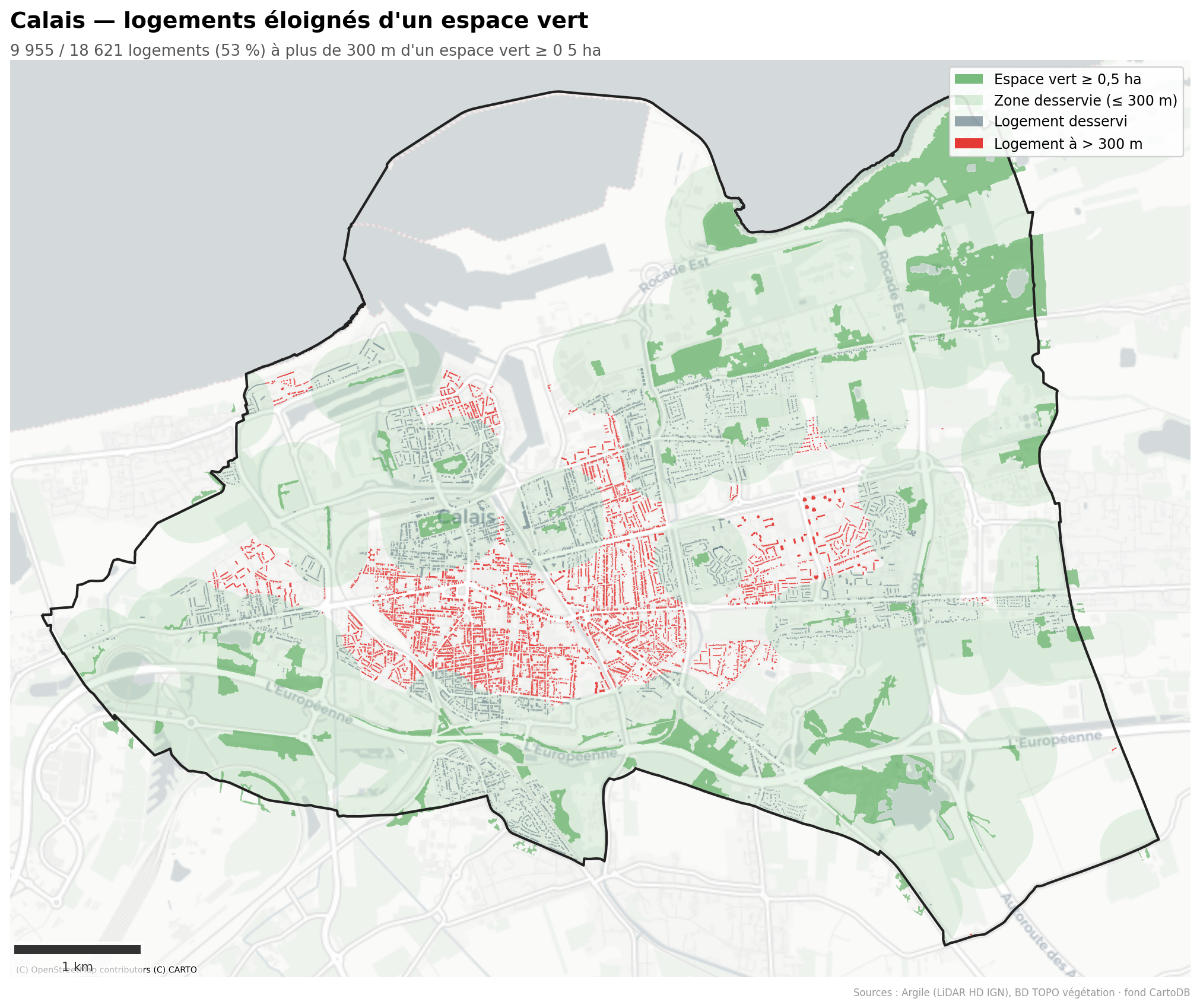 Calais, logements à plus de 300 m d'un espace vert