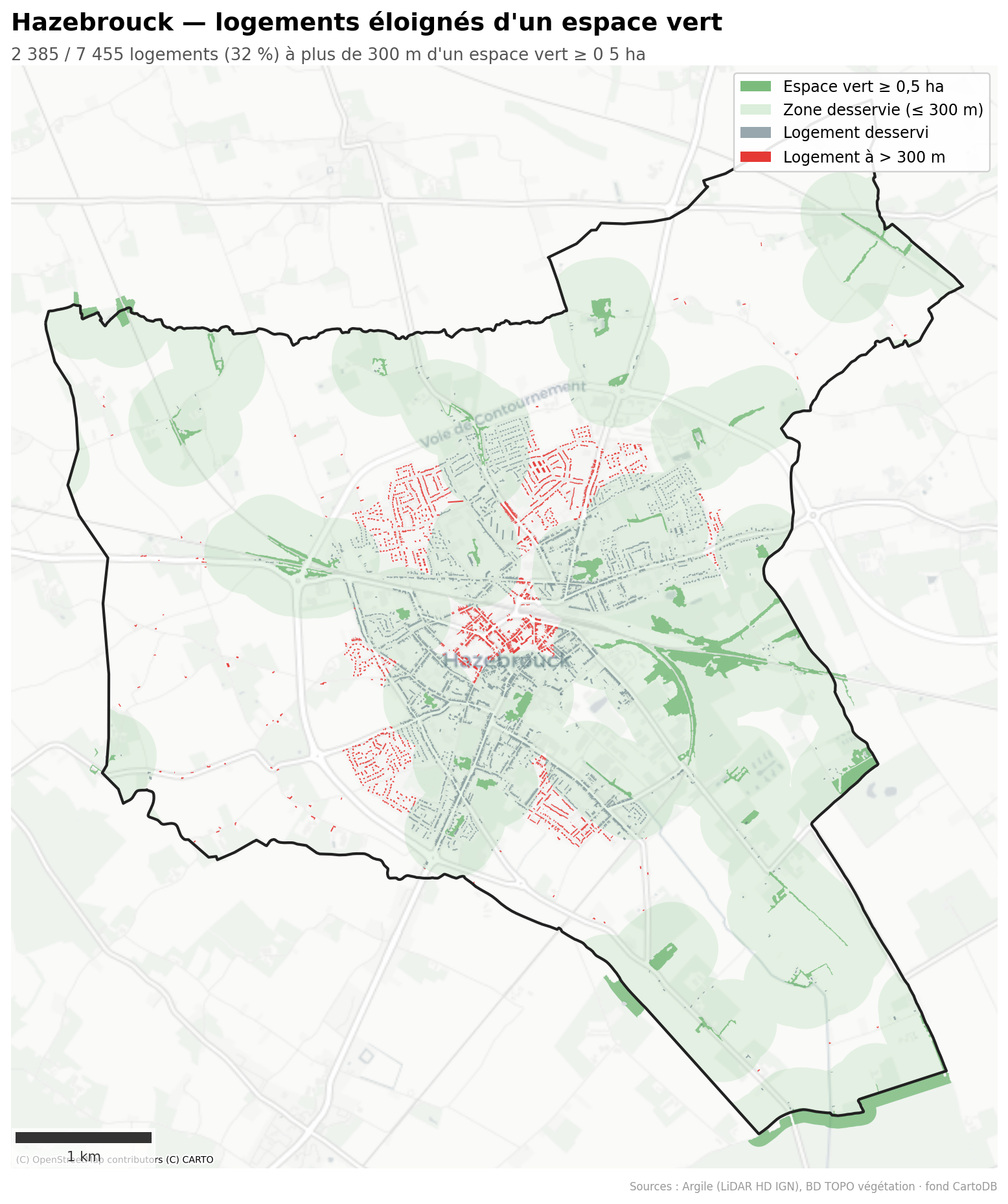 Hazebrouck, logements à plus de 300 m d'un espace vert