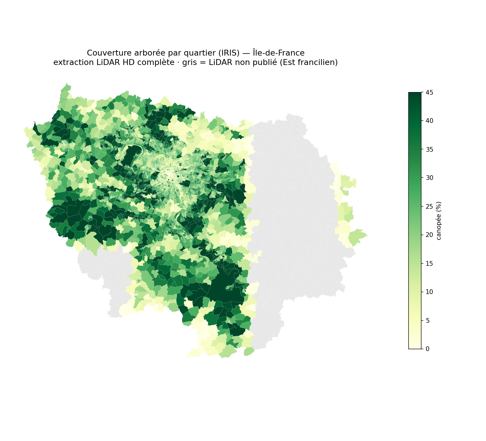 Carte de la canopée par quartier (IRIS) en Île-de-France