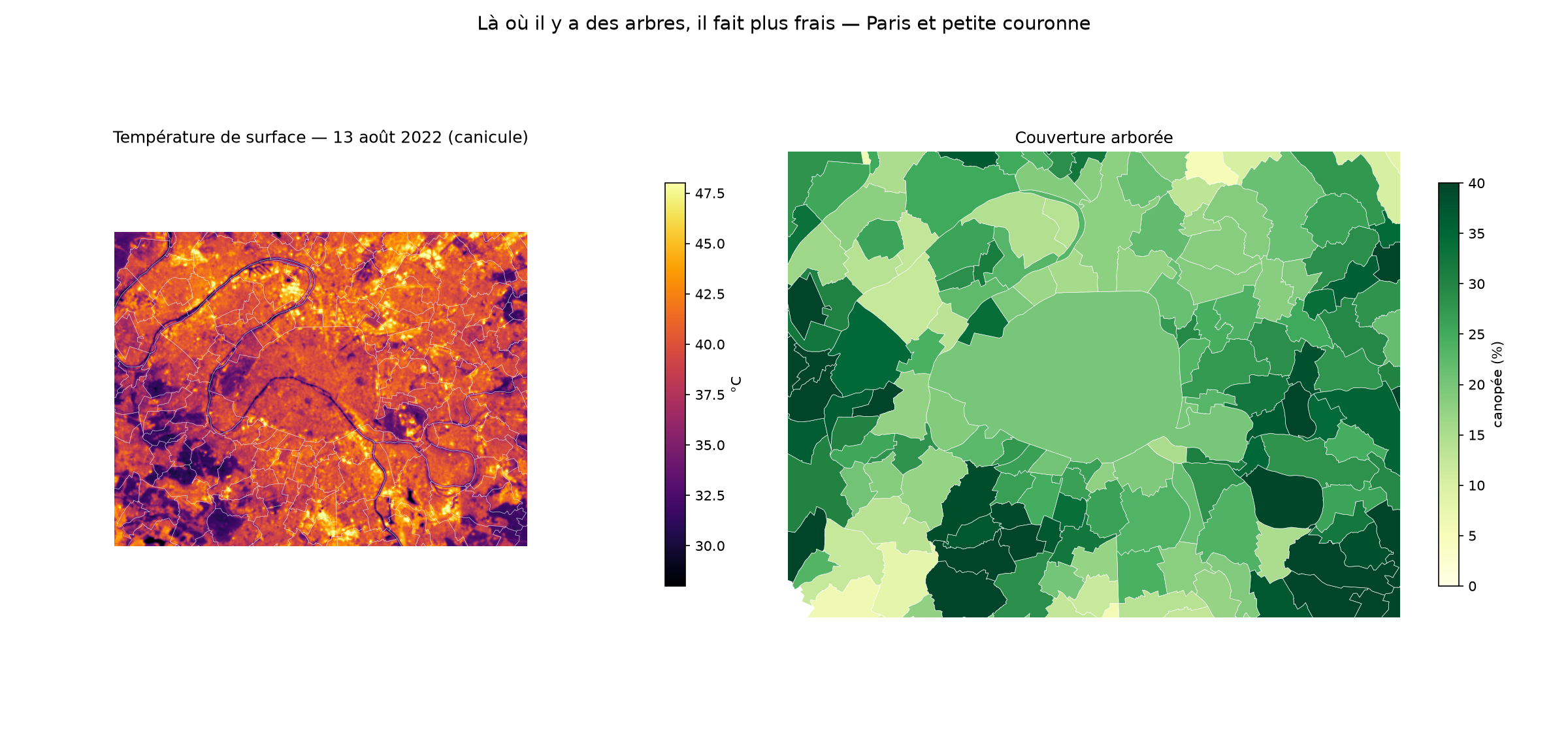 Température de surface et canopée, 13 août 2022 (données satellite Landsat)