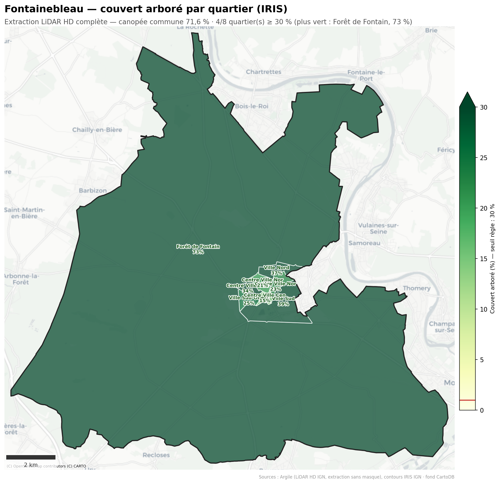 Fontainebleau, la canopée par quartier (IRIS)