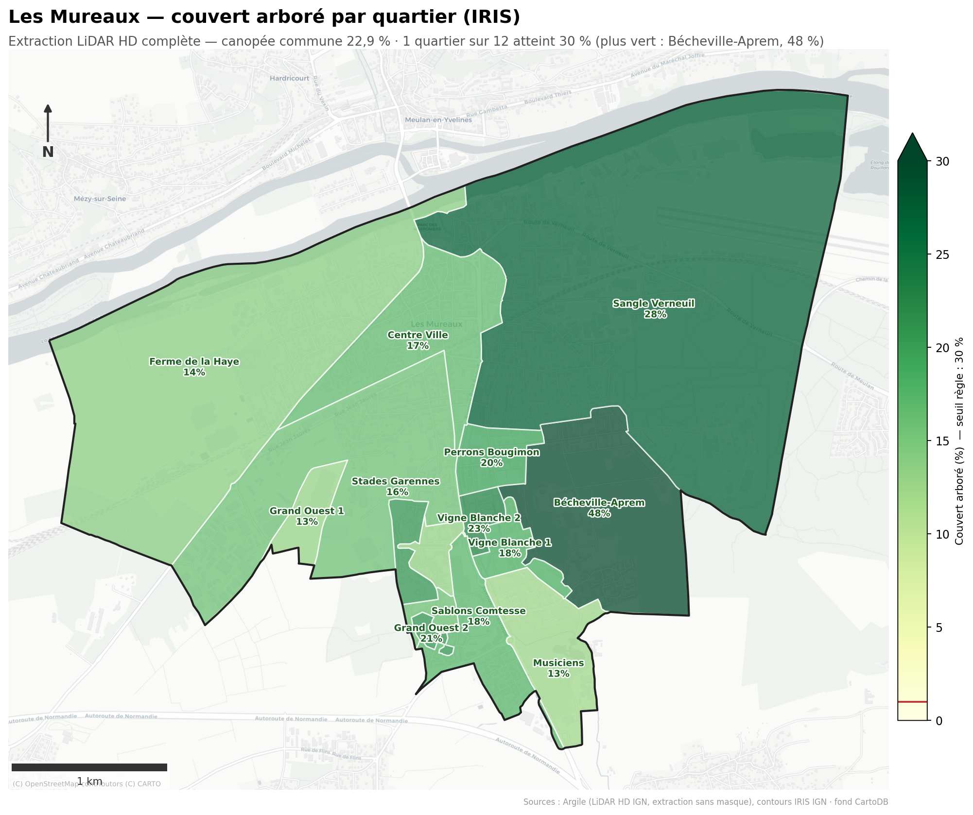 Les Mureaux, canopée par quartier (IRIS)