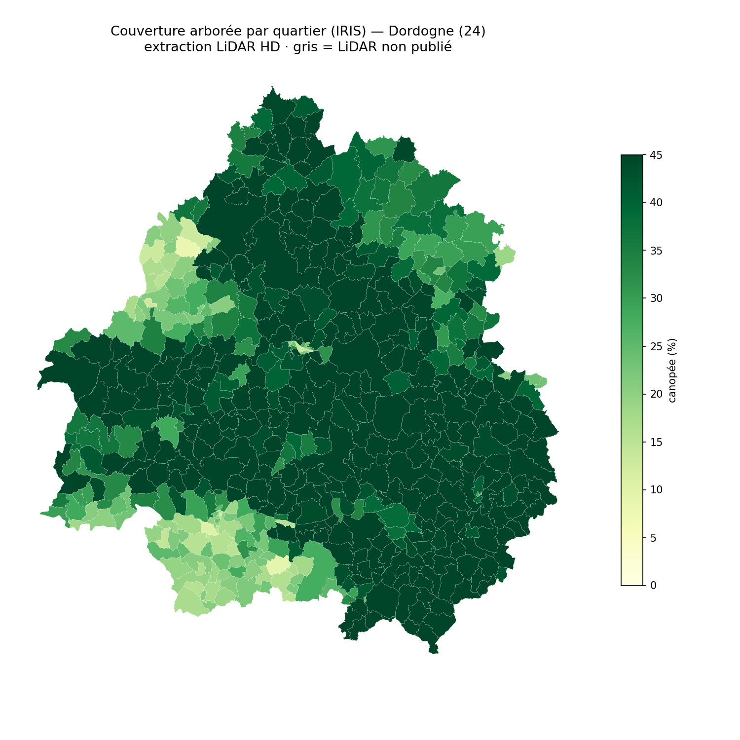 Dordogne, la canopée par quartier (IRIS)