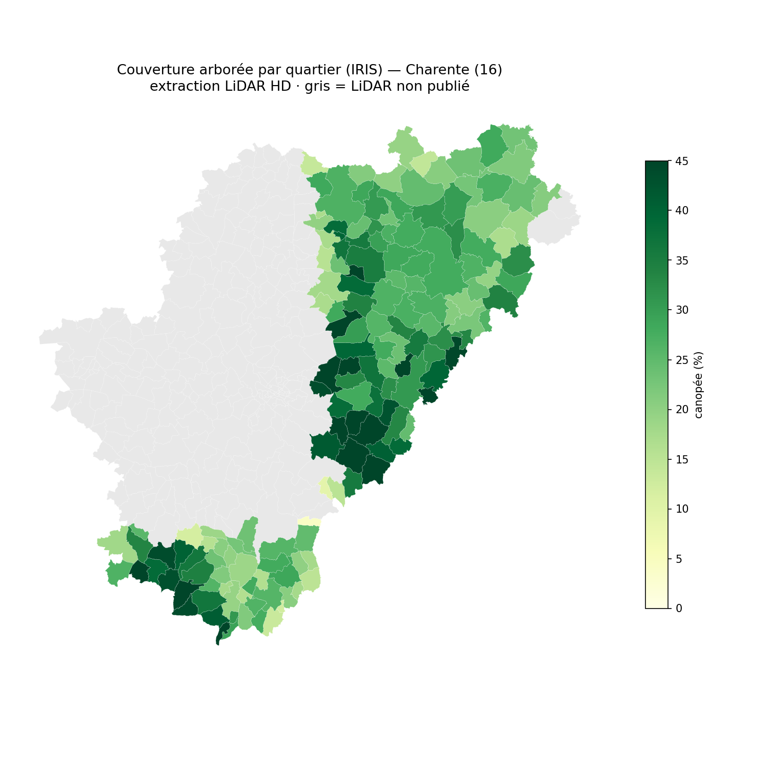 Charente, la canopée par quartier (IRIS)
