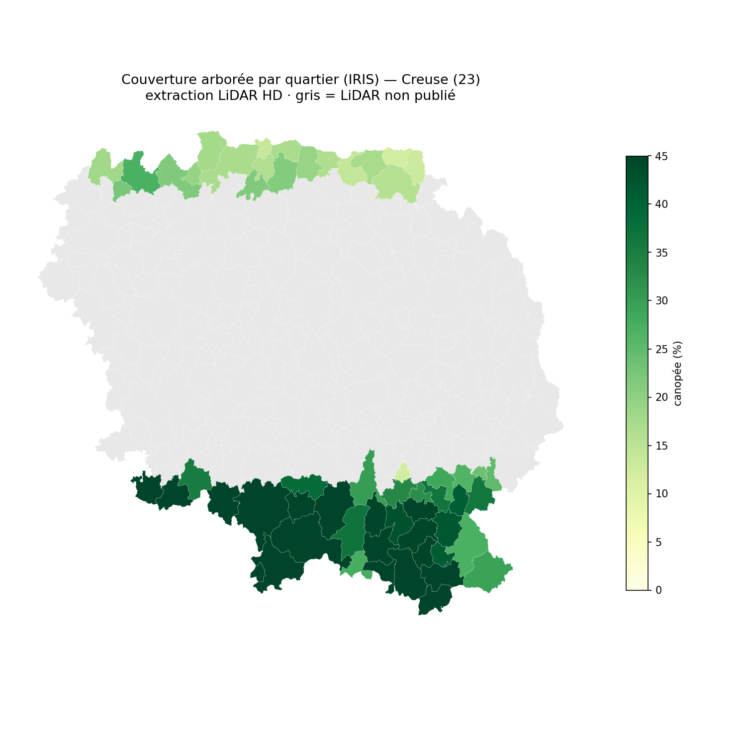 Creuse, la canopée par quartier (IRIS)