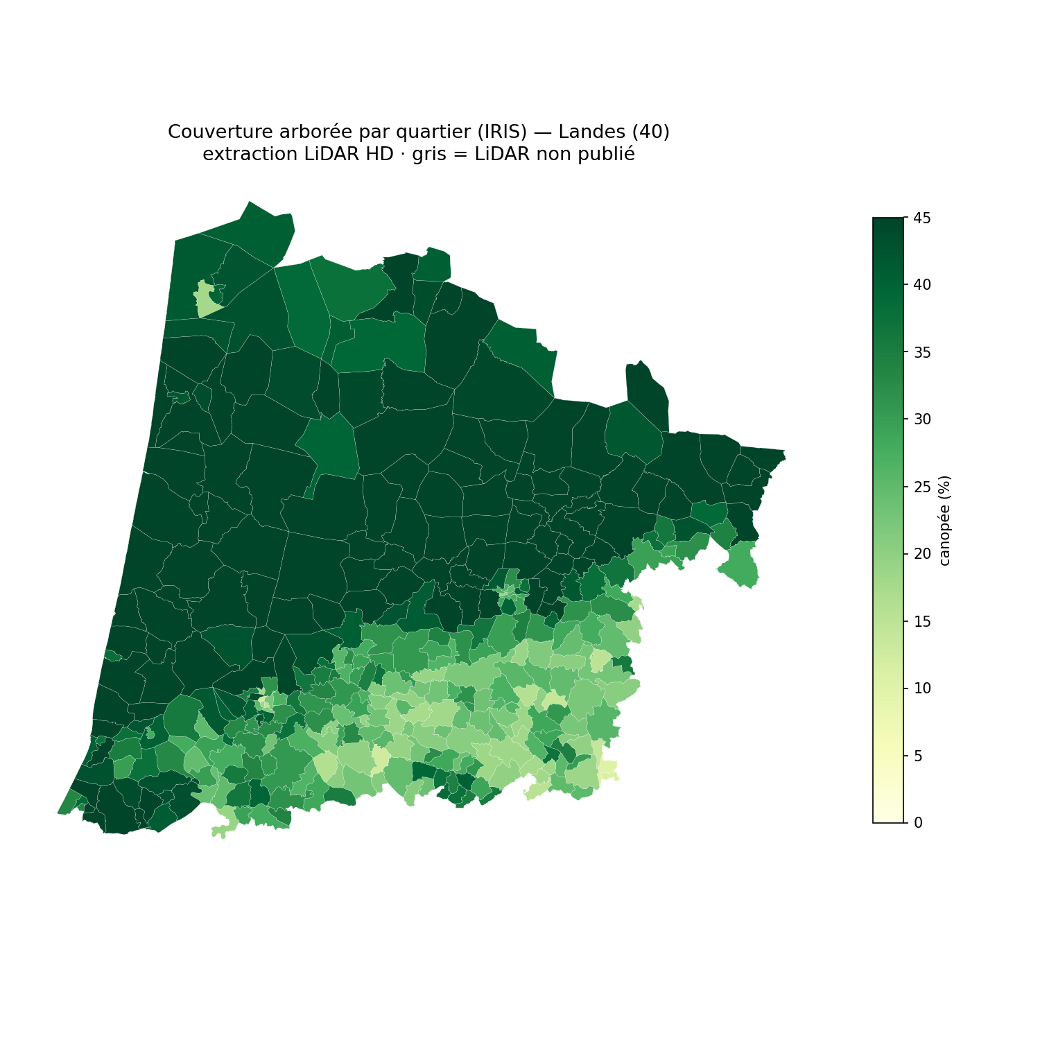 Landes, la canopée par quartier (IRIS)
