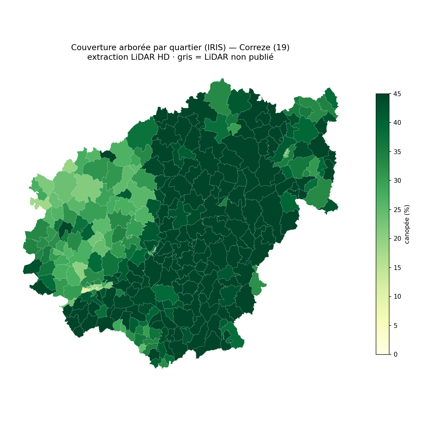Corrèze, la canopée par quartier (IRIS)