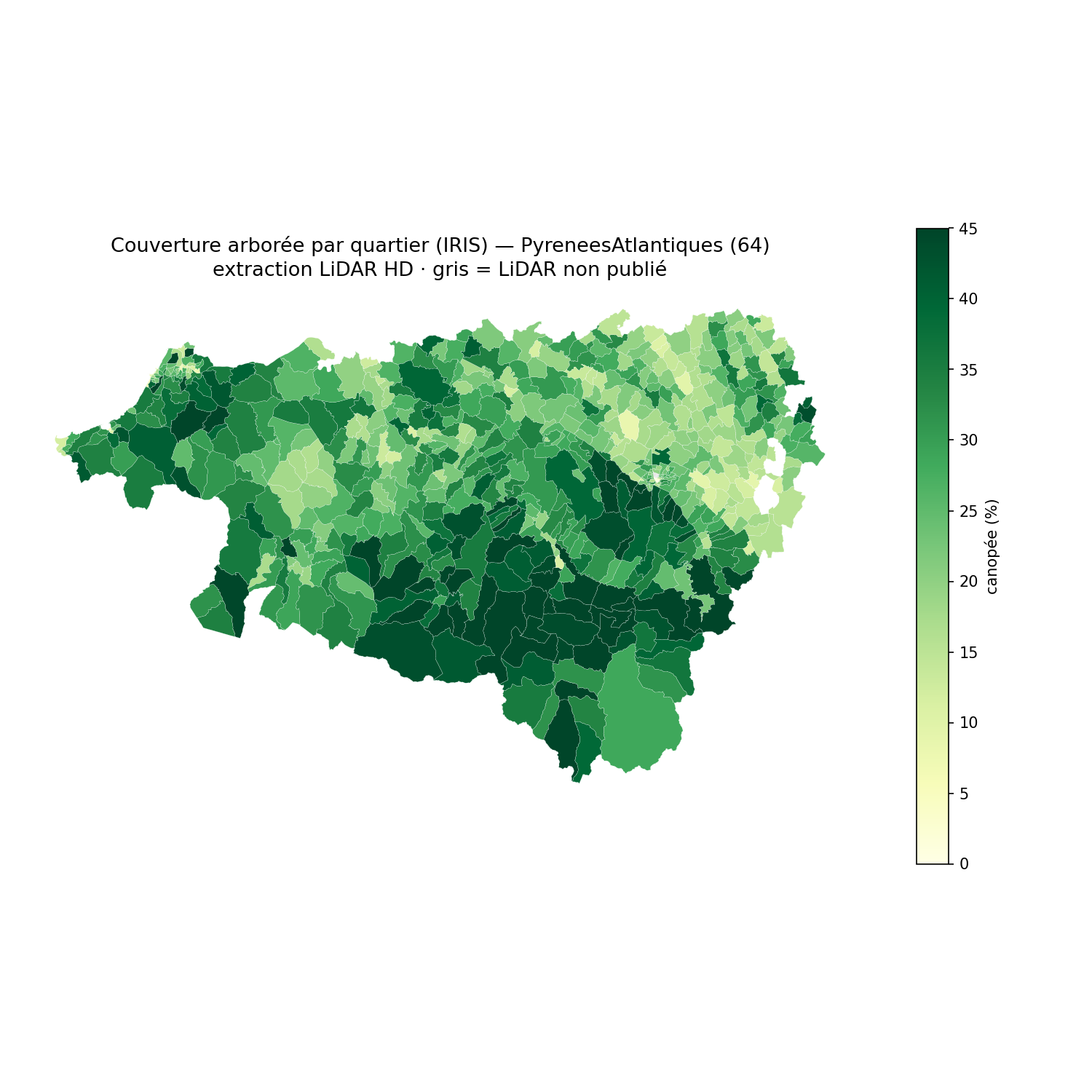 Pyrénées-Atlantiques, la canopée par quartier (IRIS)