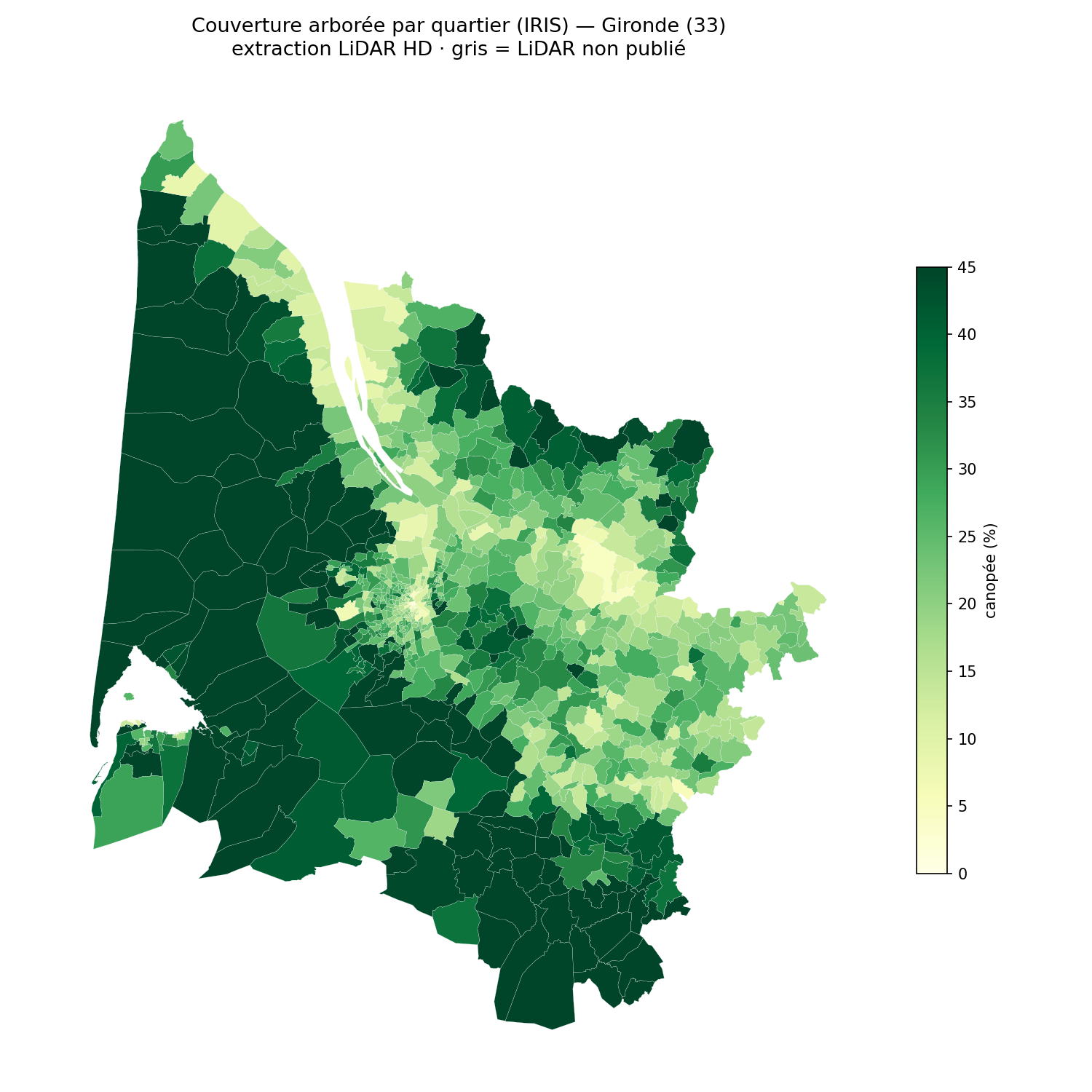 Gironde, la canopée par quartier (IRIS)