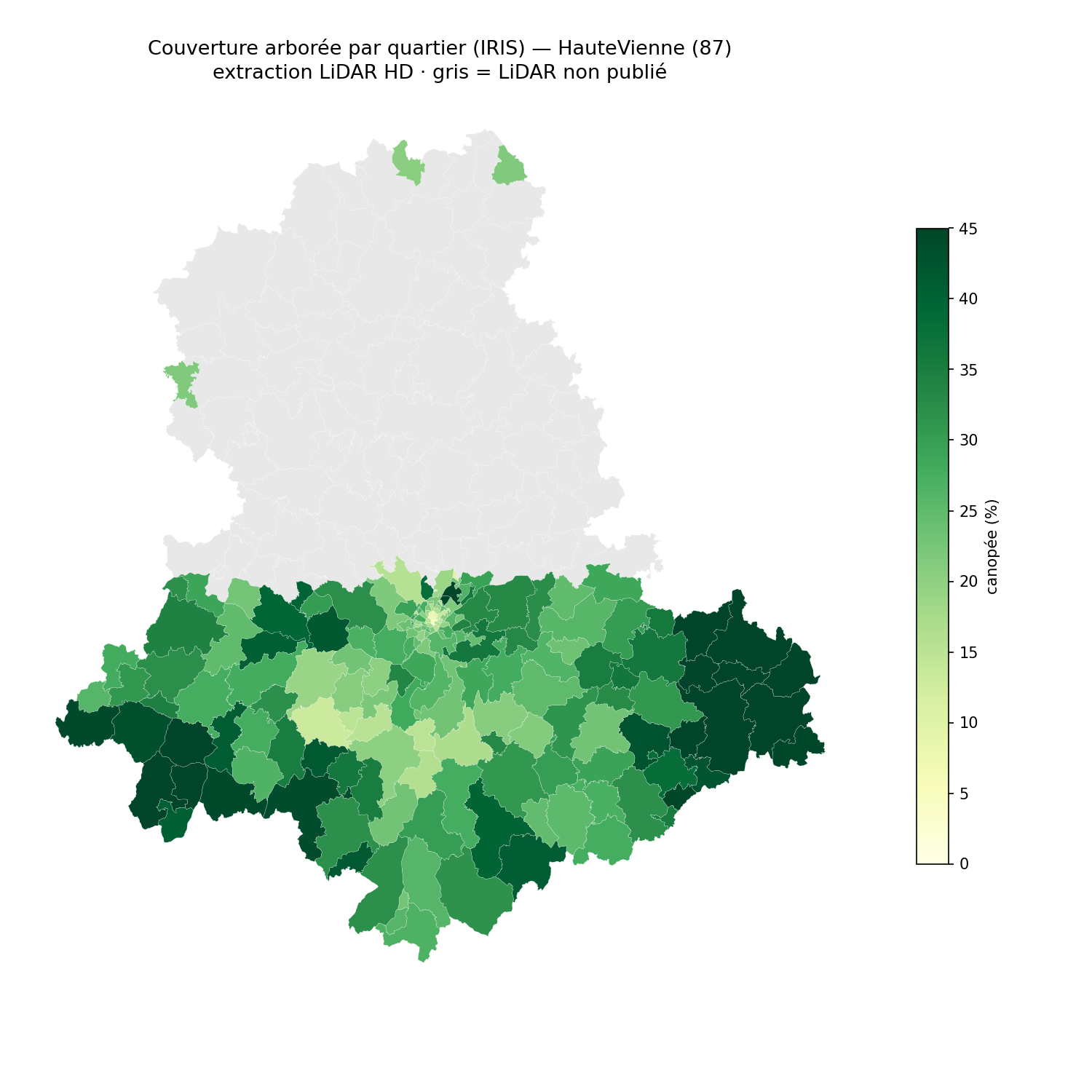 Hautes-Viennes, la canopée par quartier (IRIS)