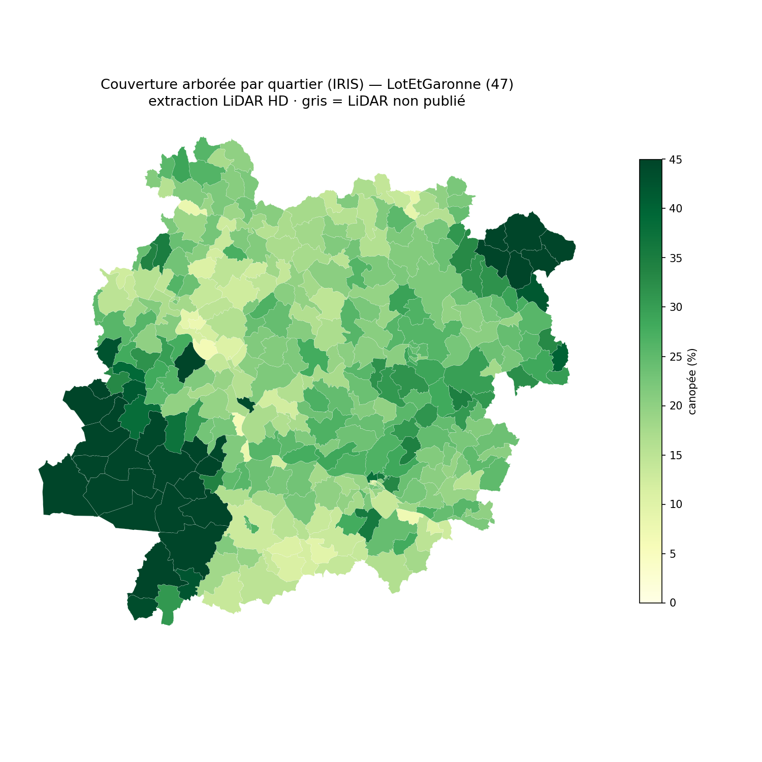 Lot-et-Garonne, la canopée par quartier (IRIS)