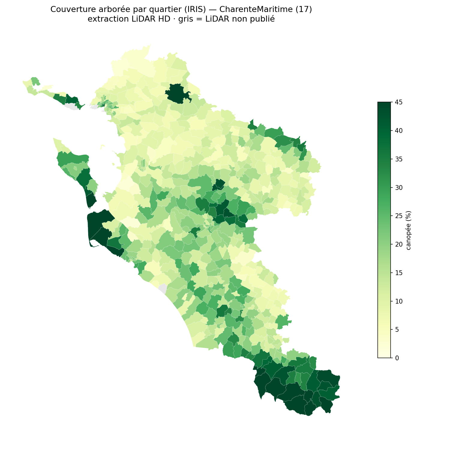 Charente-Maritime, la canopée par quartier (IRIS)