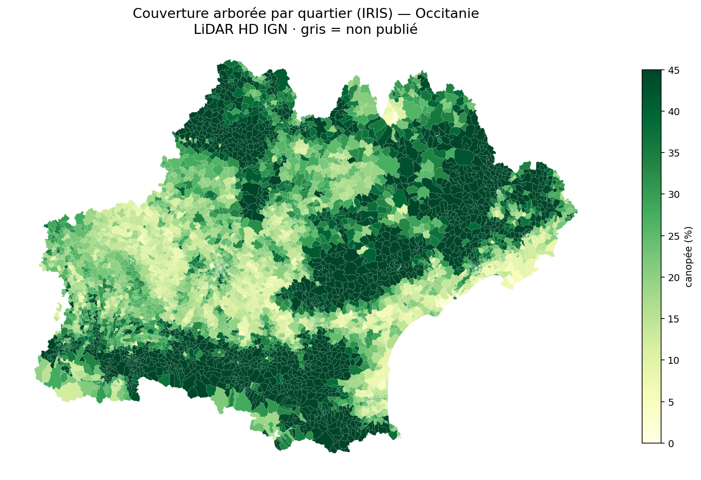 La canopée par quartier (IRIS), Occitanie