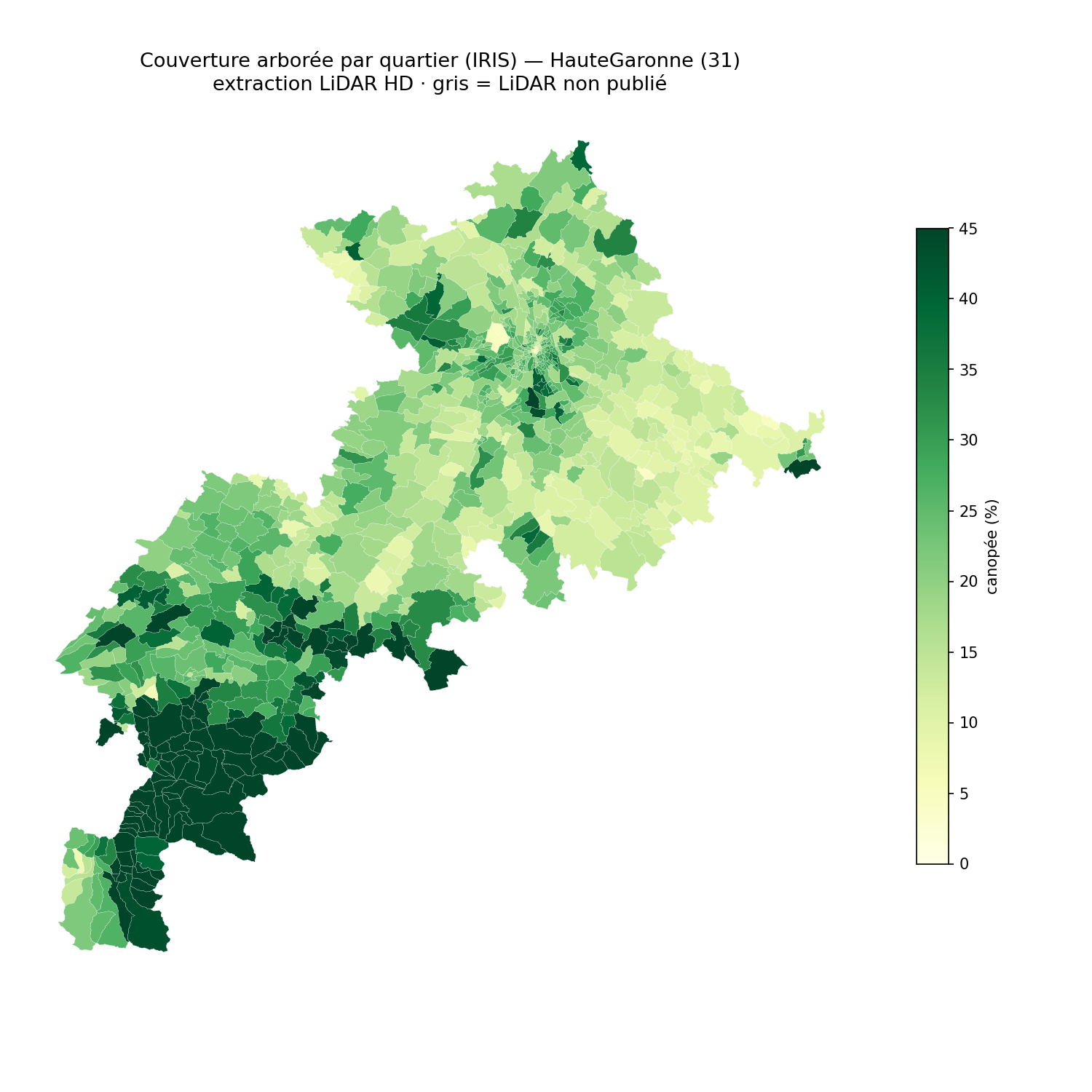 La canopée par quartier (IRIS), Occitanie