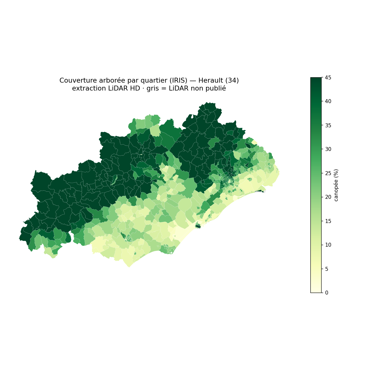 La canopée par quartier (IRIS), Occitanie