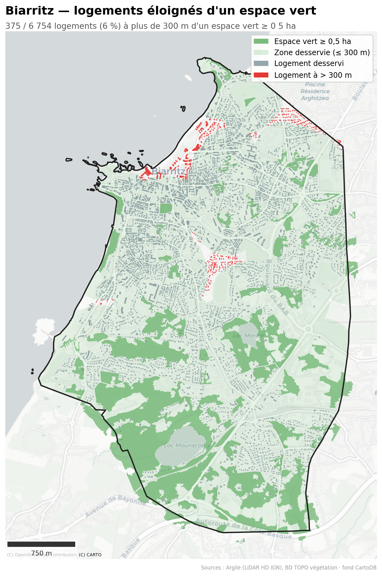 Biarritz, logements à plus de 300 m d'un espace vert