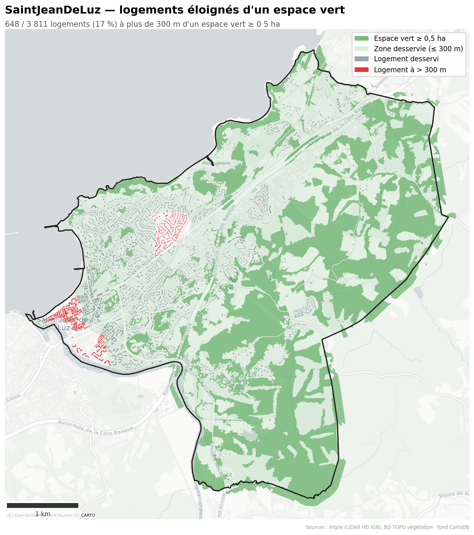 Saint-Jean-de-Luz, logements à plus de 300 m d'un espace vert