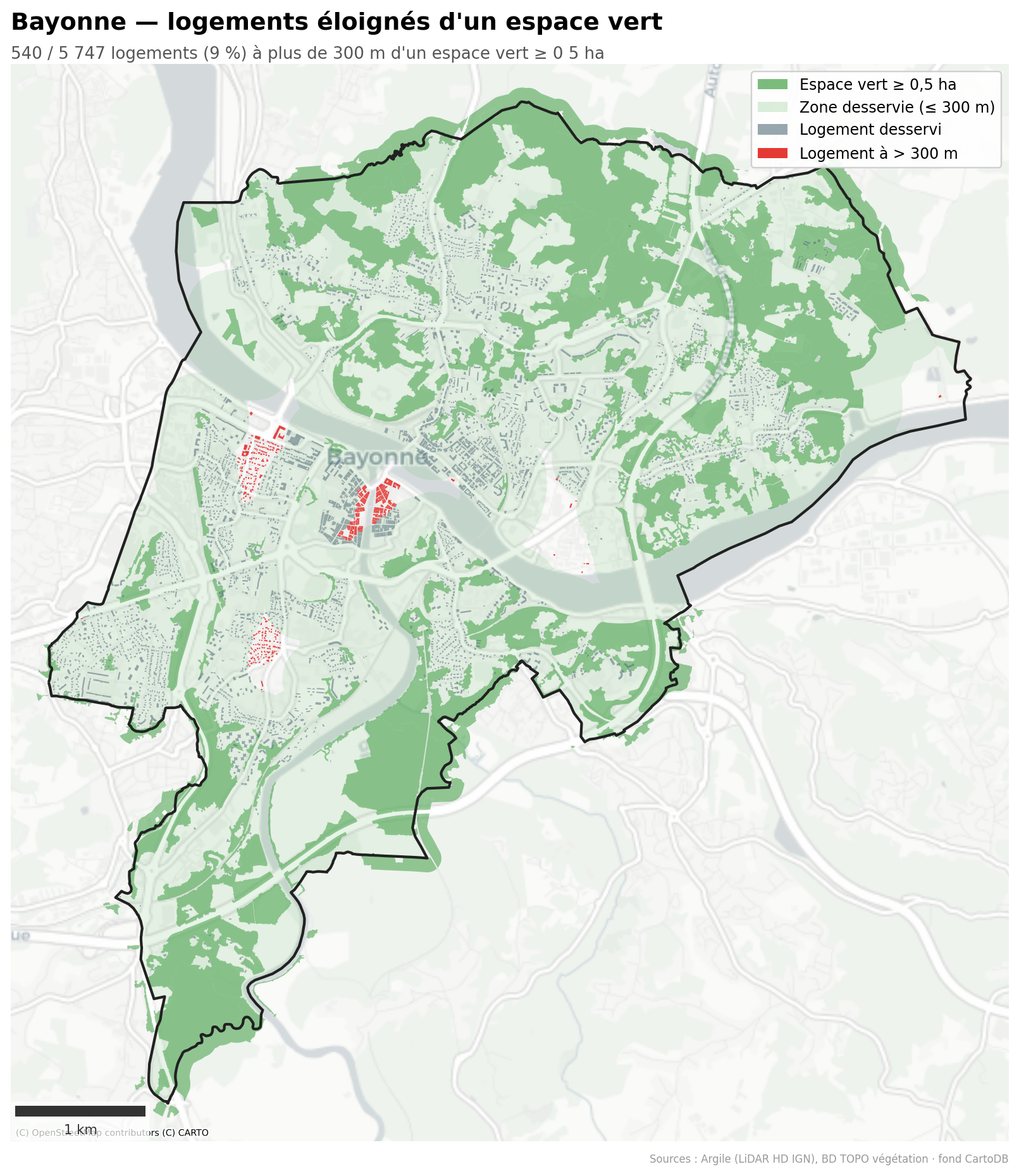 Bayonne, logements à plus de 300 m d'un espace vert