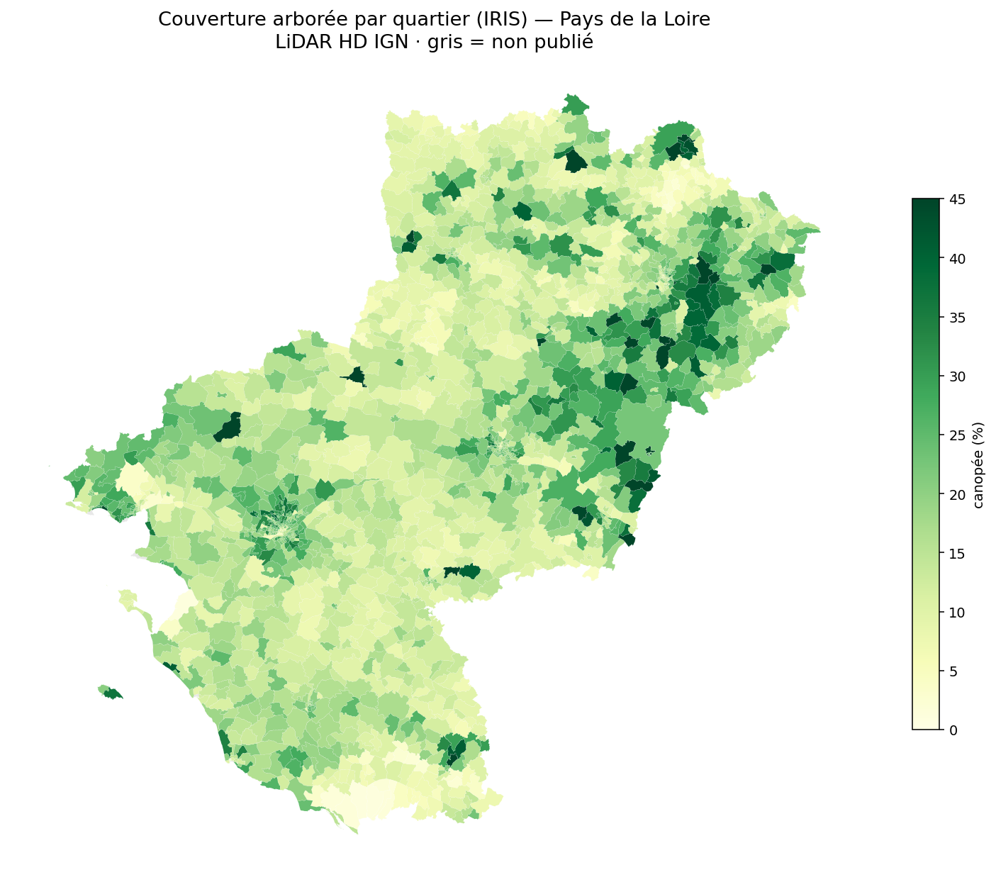 La canopée par quartier (IRIS), Pays de la Loire