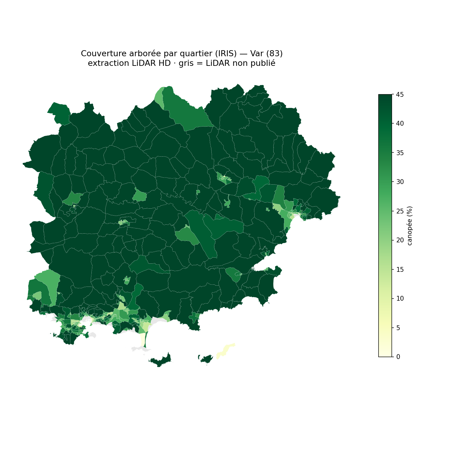 Var, la canopée par quartier (IRIS)