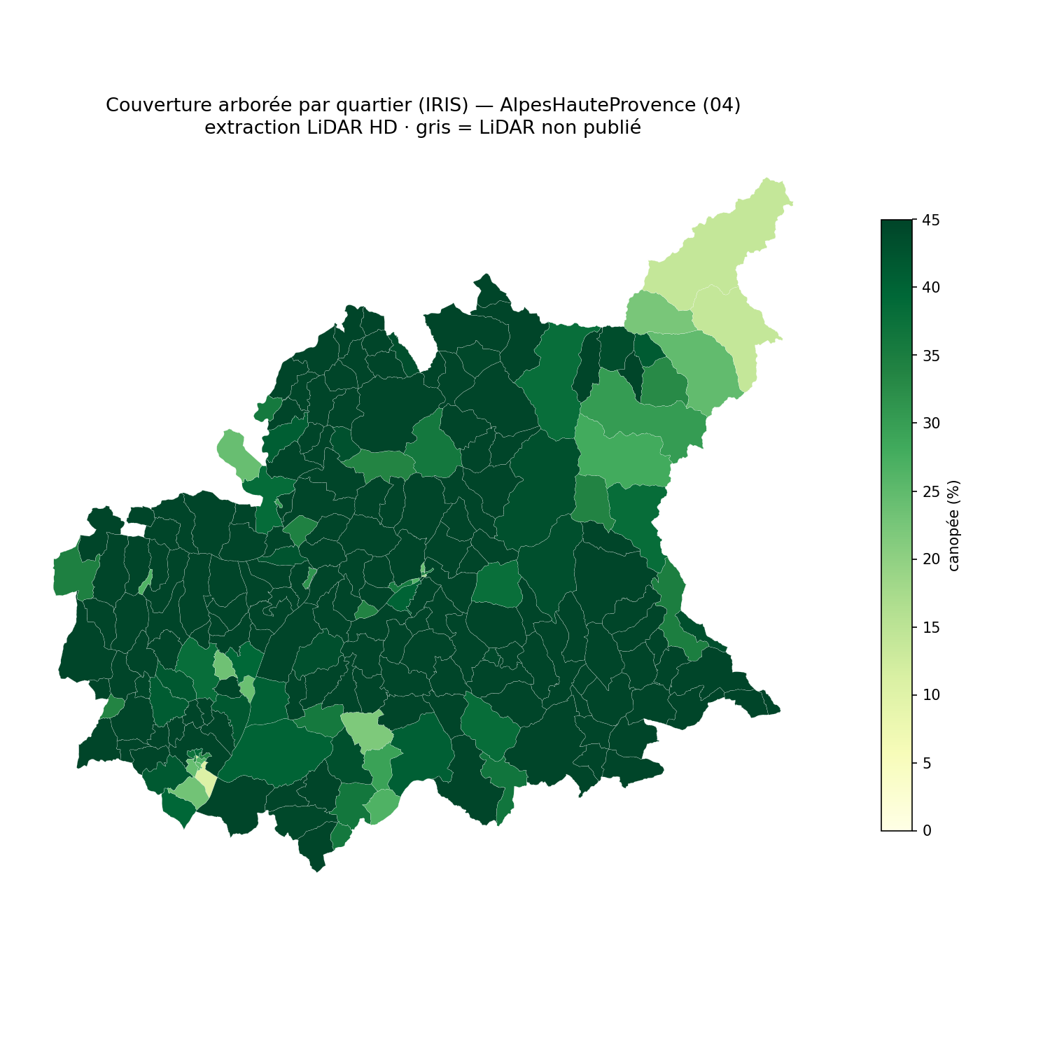 Alpes-de-Haute-Provence, la canopée par quartier (IRIS)