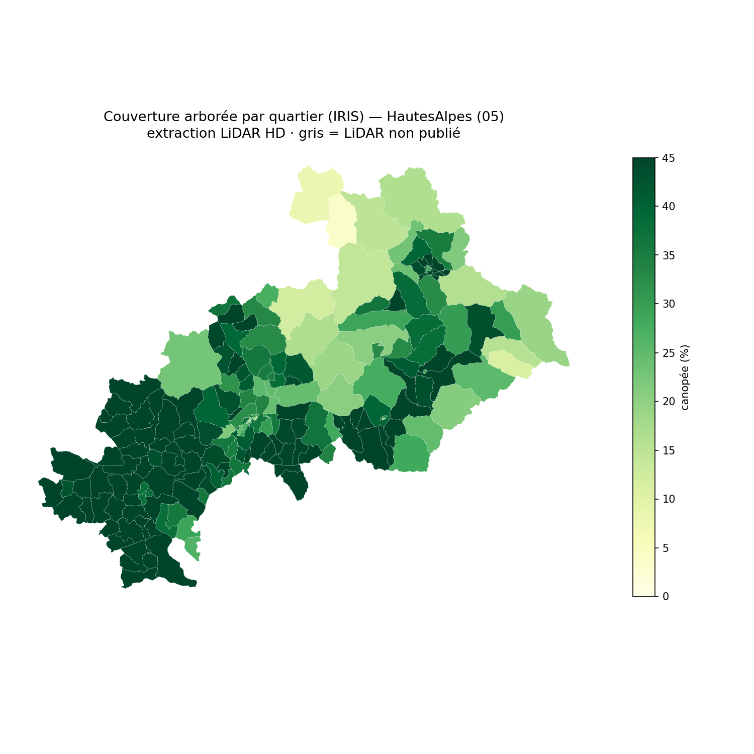 Hautes-Alpes, la canopée par quartier (IRIS)