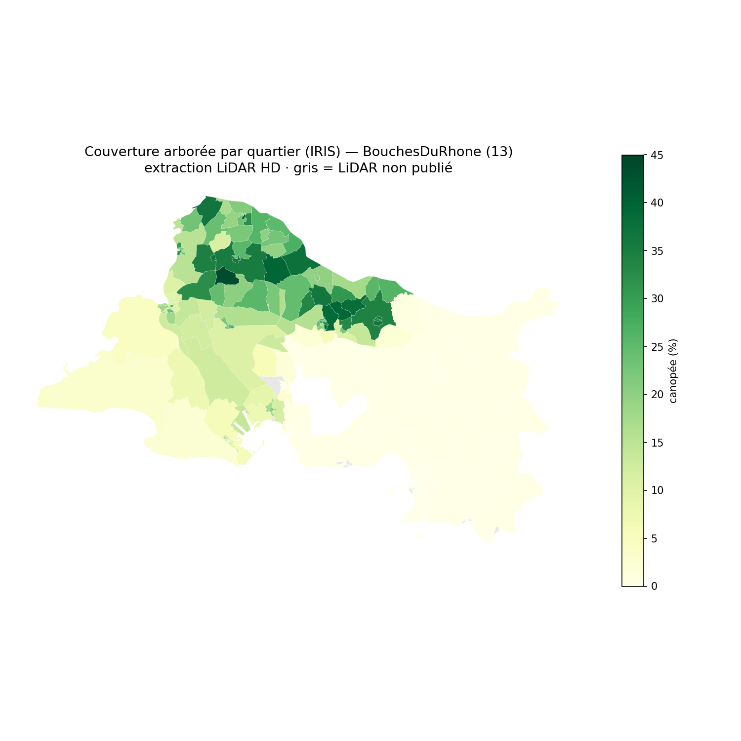Bouches-du-Rhône, la canopée par quartier (IRIS)