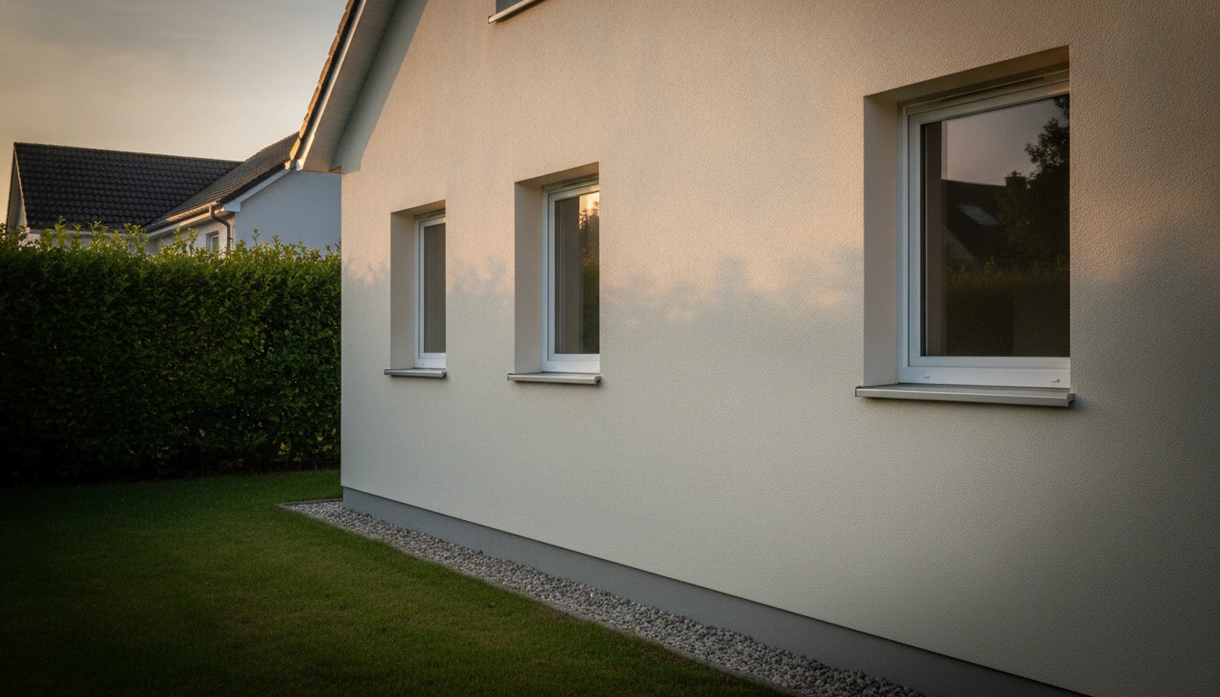 Façade de maison fraîchement isolée par l’extérieur, enduit neuf et tableaux nets