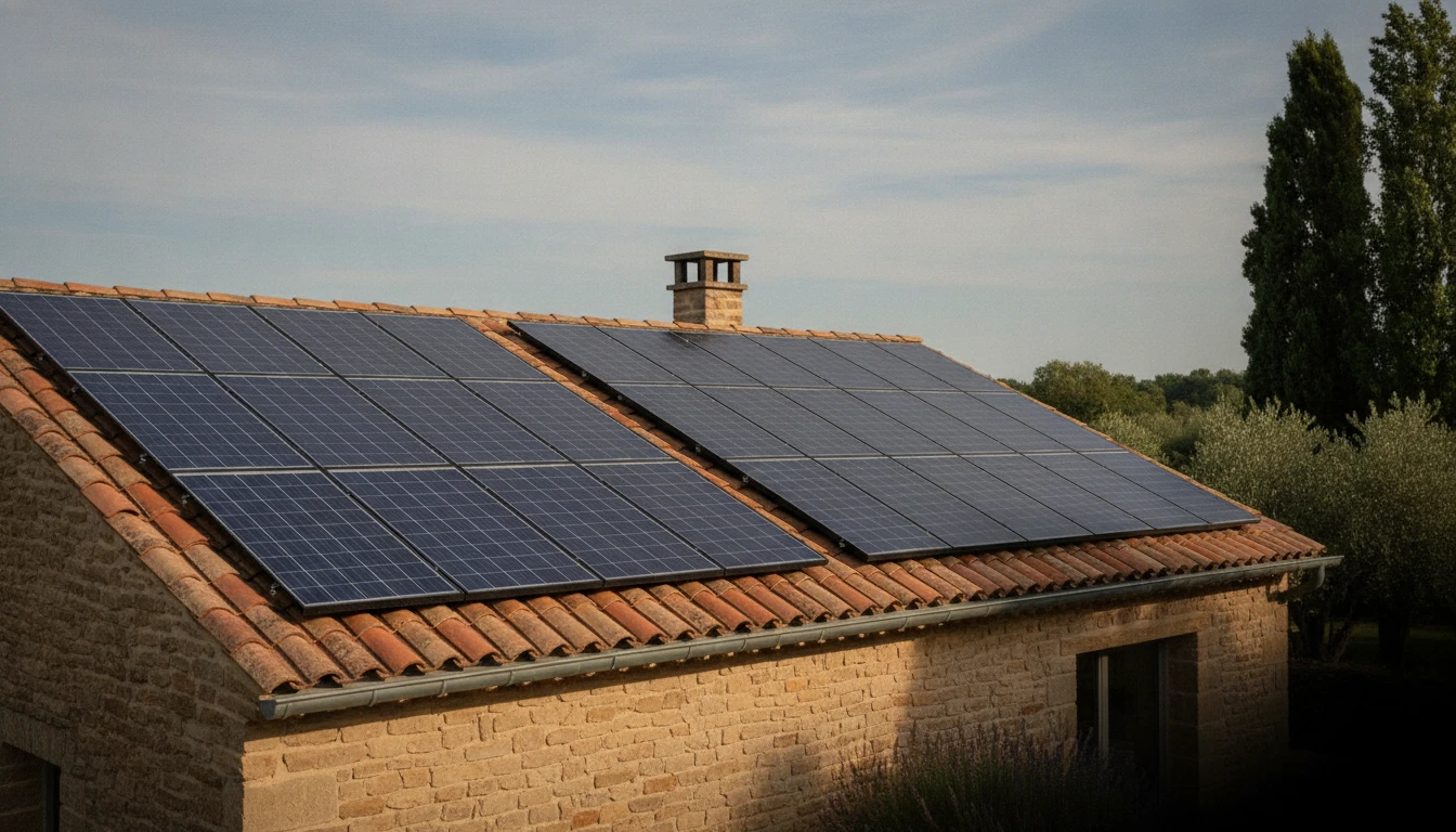 Panneaux photovoltaïques alignés sur la toiture en tuiles d’une maison en pierre